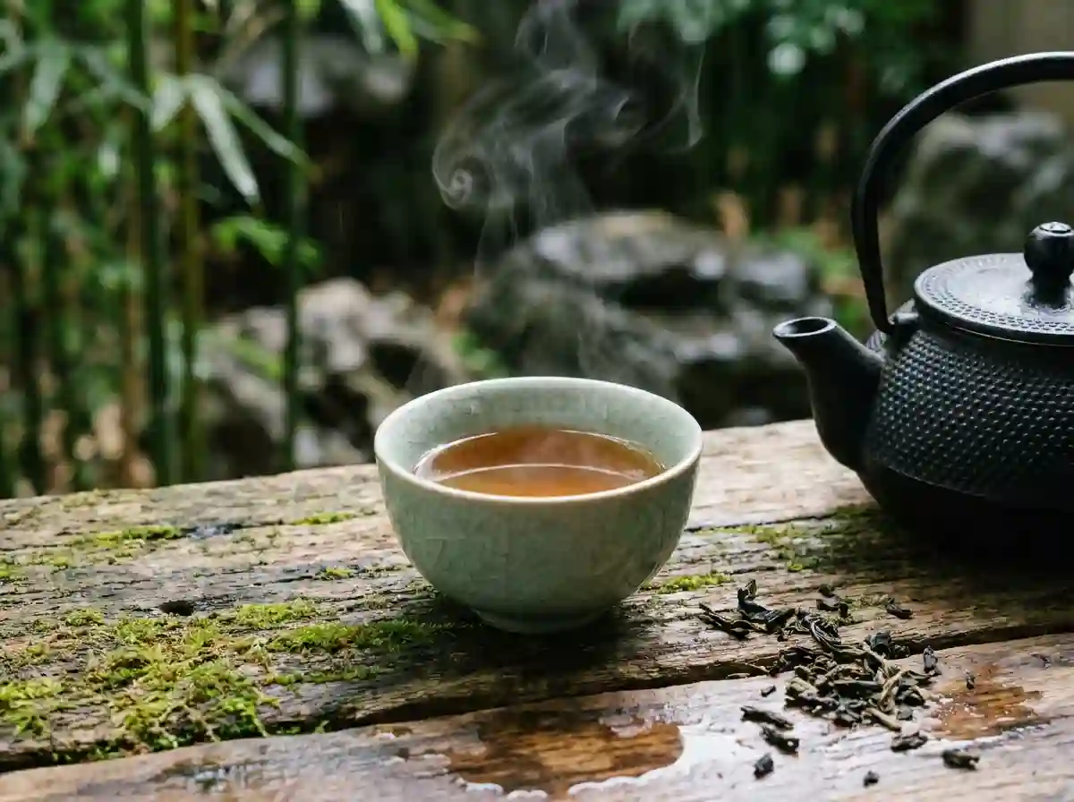 Traditional Chinese aesthetic scene featuring scholar tea culture, calligraphy, and tranquil beauty