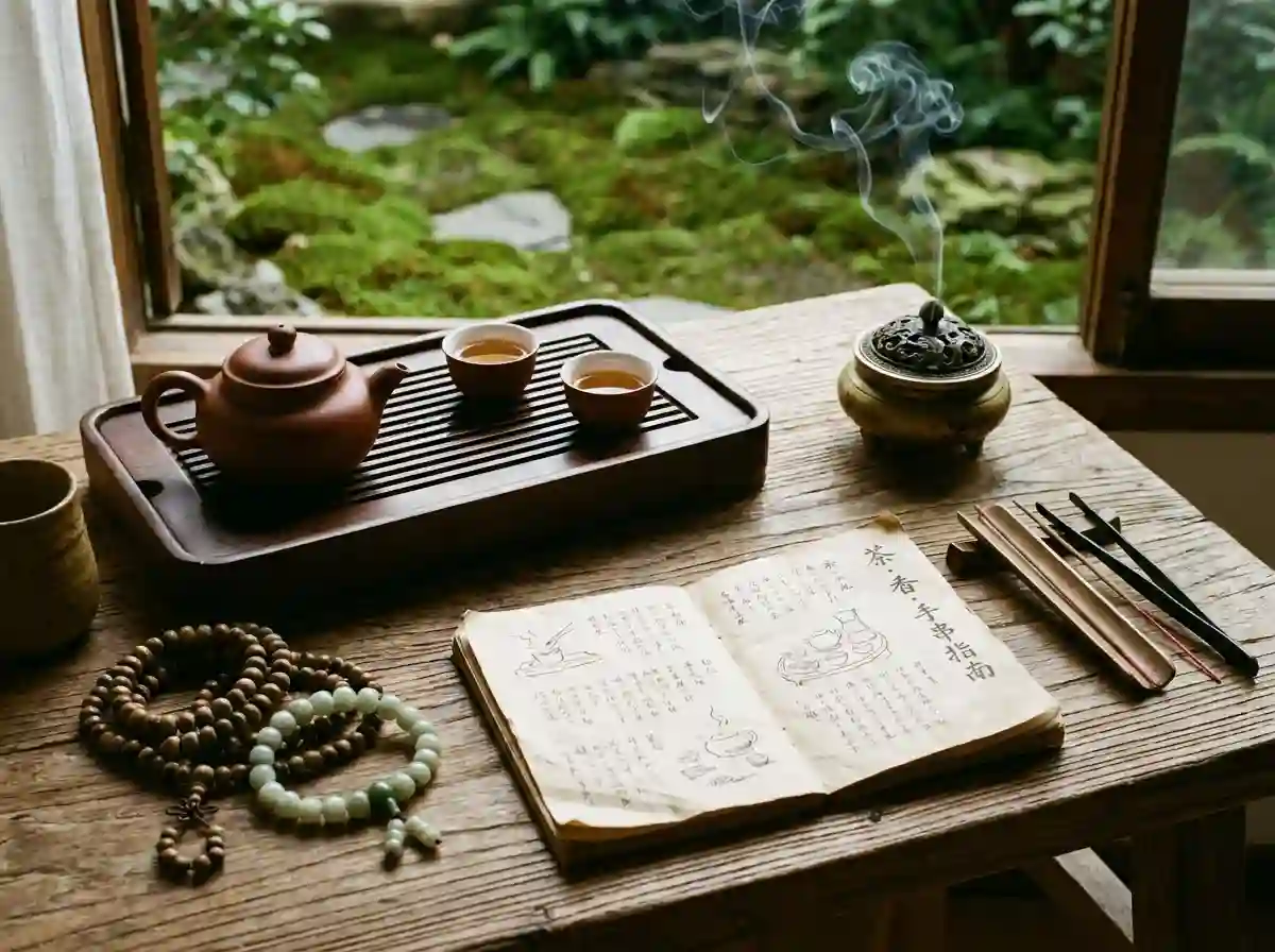 Mindful Chinese cultural collection featuring contemplative tea ware, books, and lifestyle artifacts