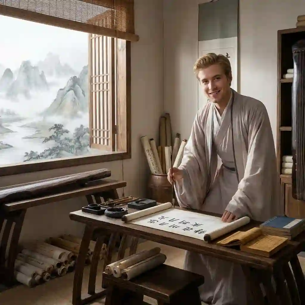 Atmospheric classical Chinese poetry scene with mountains and moonlit tranquility