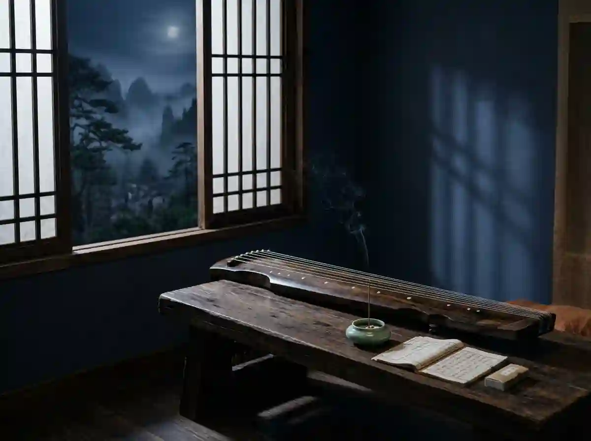 Chinese meditation music setting featuring traditional guqin and meditative atmosphere