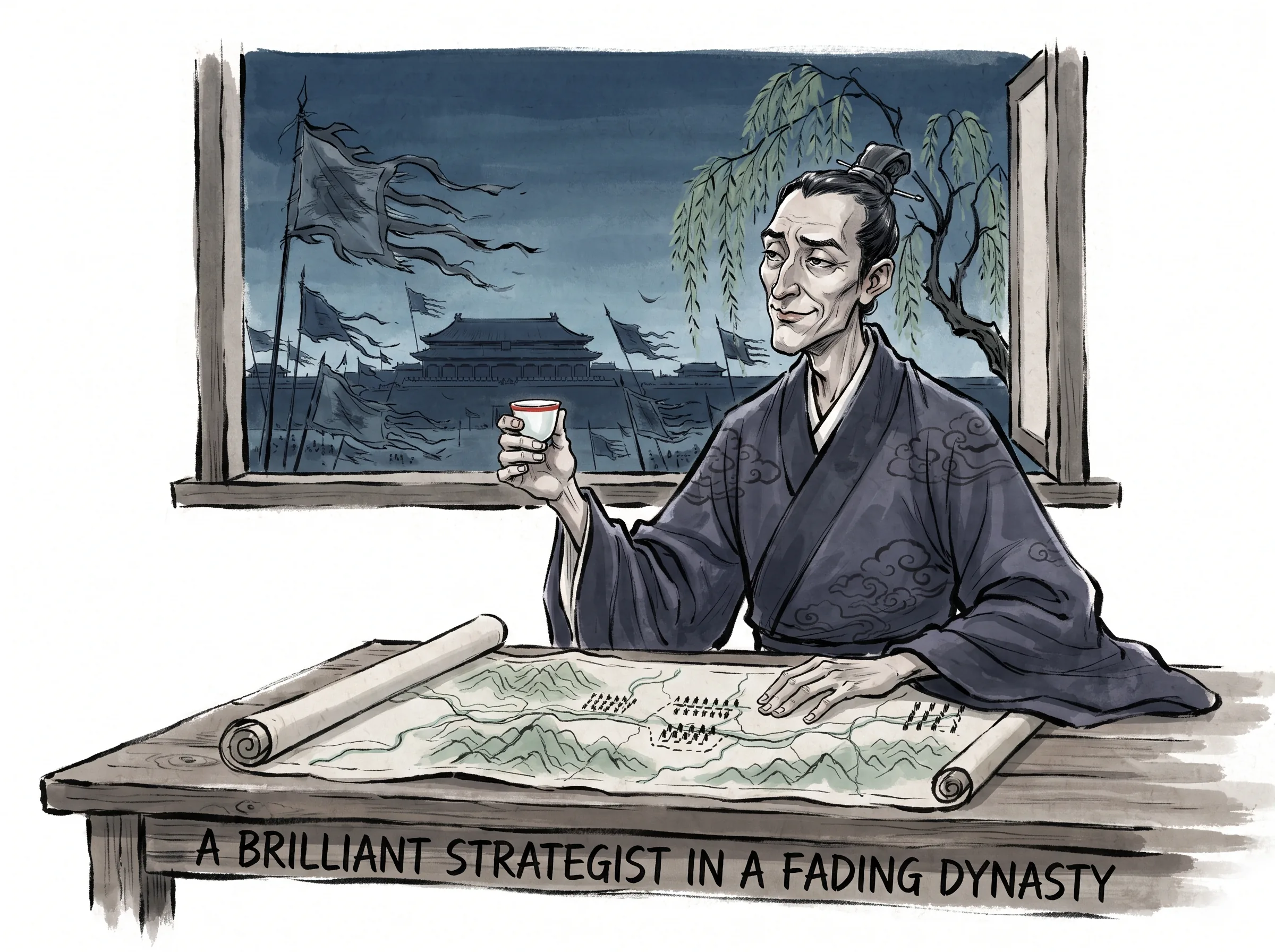an ambitious aristocratic statesman unrolling brilliant military strategy maps on a table while distant palace banners tatter in twilight winds, realizing his empire is beyond saving, holding a small porcelain wine cup with bittersweet irony in contemporary literati Chinese ink wash in deep Prussian blue and sage green with ample Xuan paper negative space, illustrating a brilliant strategist in a fading dynasty, embodying 出身名门的杜牧胸怀天下策论雄才，却眼见晚唐帝国日薄西山，在藩镇幕府沉浮中满腔抱负无处施展，借酒买醉于扬州烟雨之中 on ChiDestiny