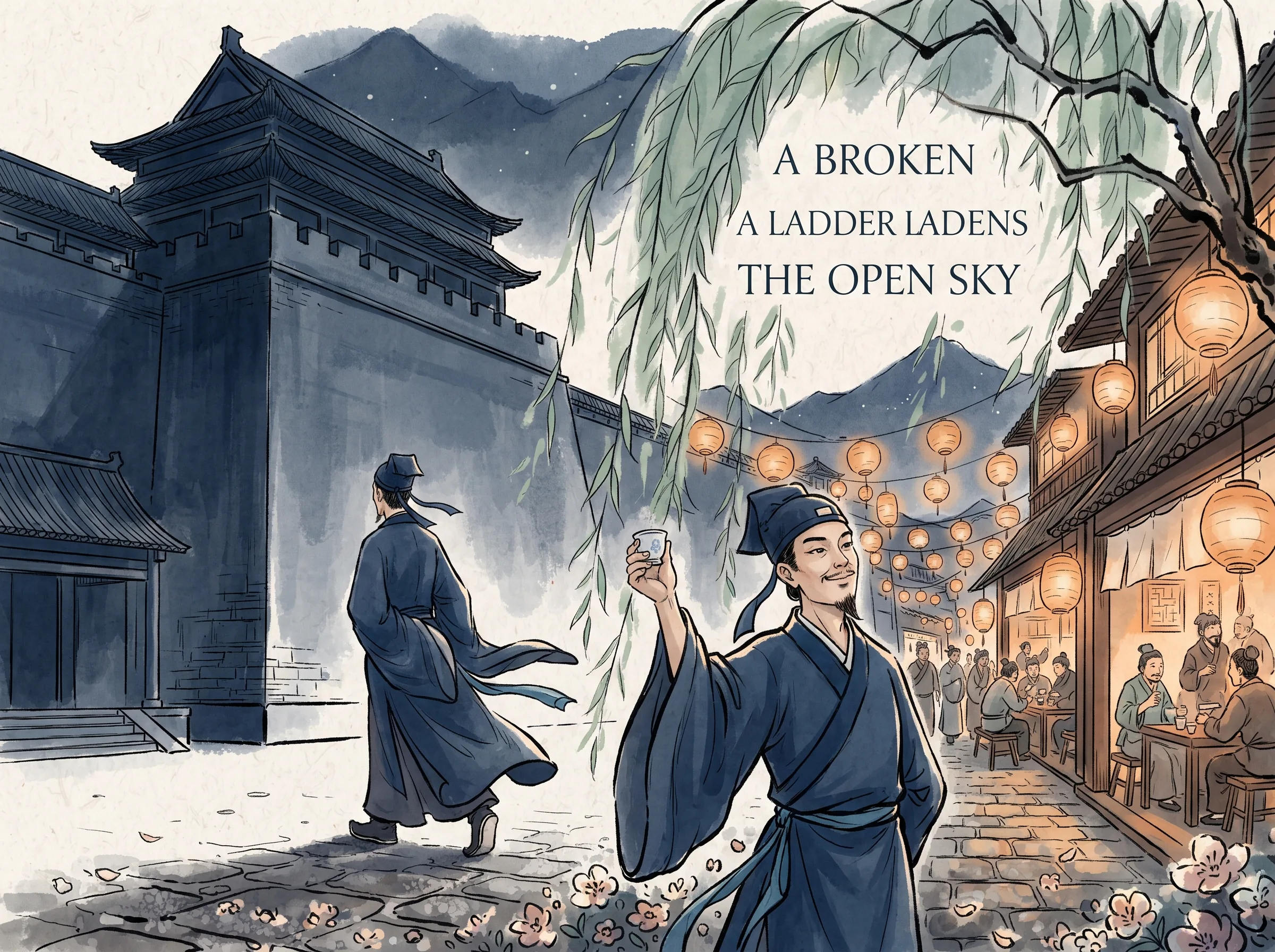 a scholarly poet boldly walking away from a towering, cold imperial examination hall into bustling lantern-lit street taverns, turning his back on rigid bureaucracy while raising a wine cup under willow branches in contemporary literati Chinese ink wash in deep Prussian blue and sage green with ample Xuan paper negative space, illustrating a broken ladder opens the open sky, embodying 柳永面对科举落榜皇榜除名之奇耻，索性将毛笔投入酒樽，决绝告别功名枷锁，步入市井长街自由填词 on ChiDestiny