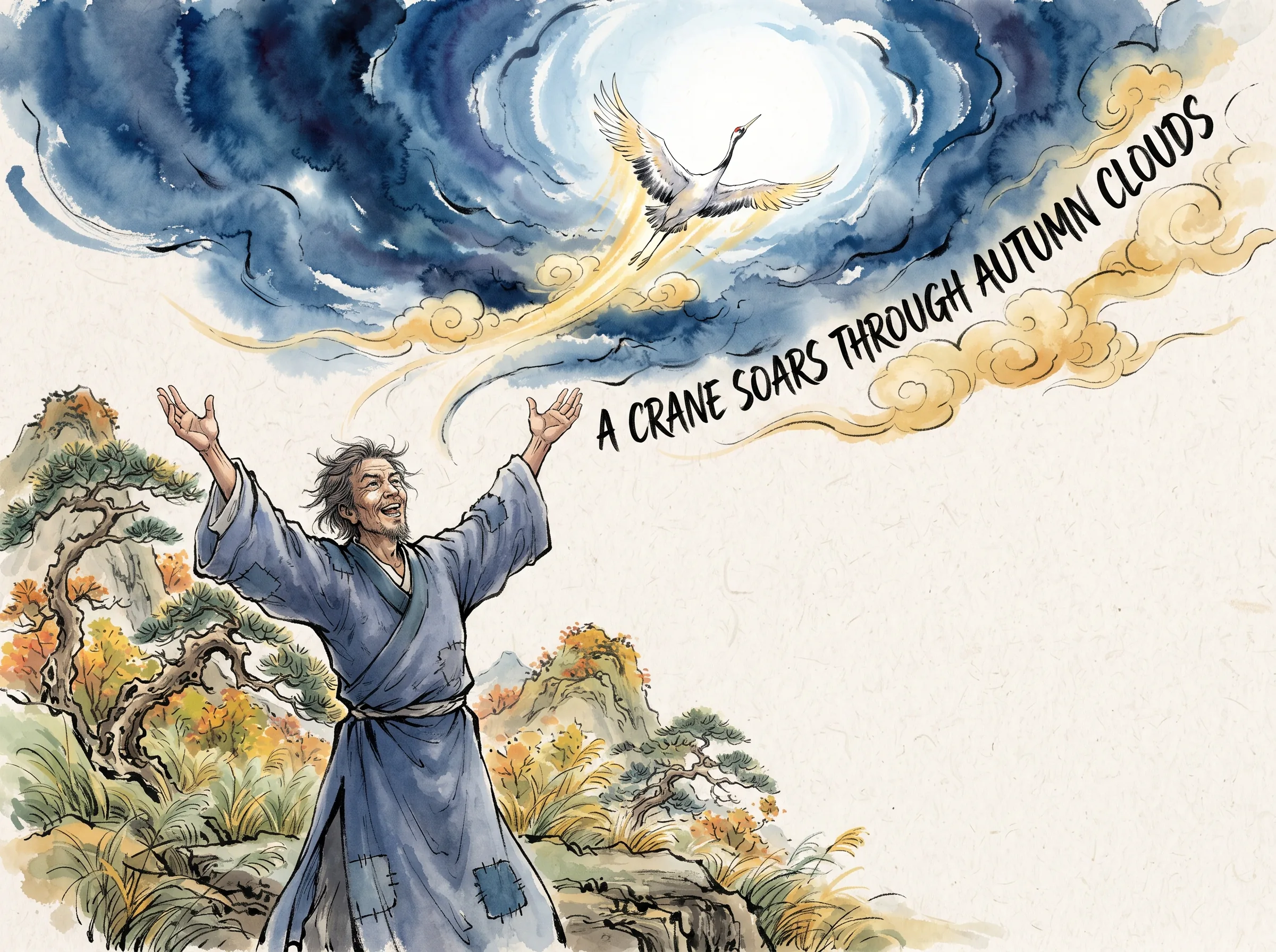 defiant exuberant optimism, an exiled poet in faded blue robes standing proudly on an autumn mountain terrace, raising his arms to the boundless sky as a majestic wild crane bursts fearlessly through golden-blue storm clouds into the bright zenith in contemporary literati Chinese ink wash in deep Prussian blue and sage green with ample Xuan paper negative space, illustrating a crane soars through autumn clouds, embodying 被贬朗州十年漫长岁月里，刘禹锡不作哀怨之声，反写出'自古逢秋悲寂寥，我言秋日胜春朝'，晴空一鹤排云直上引诗情到碧霄 on ChiDestiny