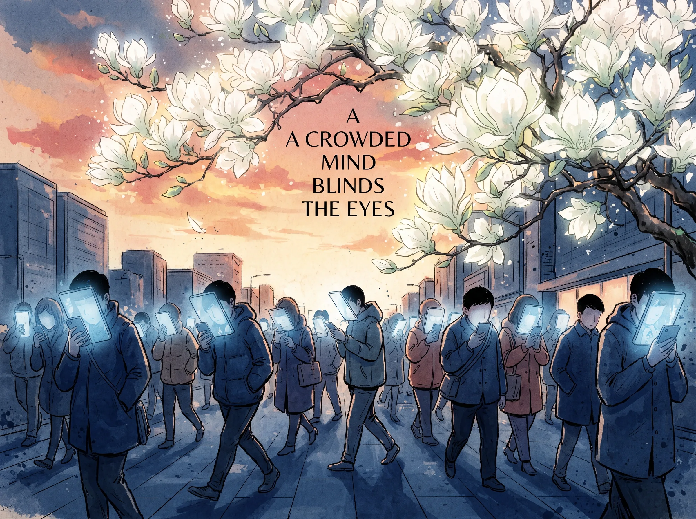 hurried commuters walking with heads buried in glowing phone screens along a sidewalk, entirely oblivious to the glorious magnolia tree overhead bursting into luminous white blossoms against an apricot sunset, deep Prussian blue sidewalk and coats in contemporary literati Chinese ink wash in deep Prussian blue and sage green with ample Xuan paper negative space, illustrating a crowded mind blinds the eyes, embodying 当头脑被焦虑与繁杂塞满，世界便失去了色彩：现代人低头匆匆赶路，对身边盛开的玉兰与夕阳晚霞视而不见，美在麻木中溜走 on ChiDestiny