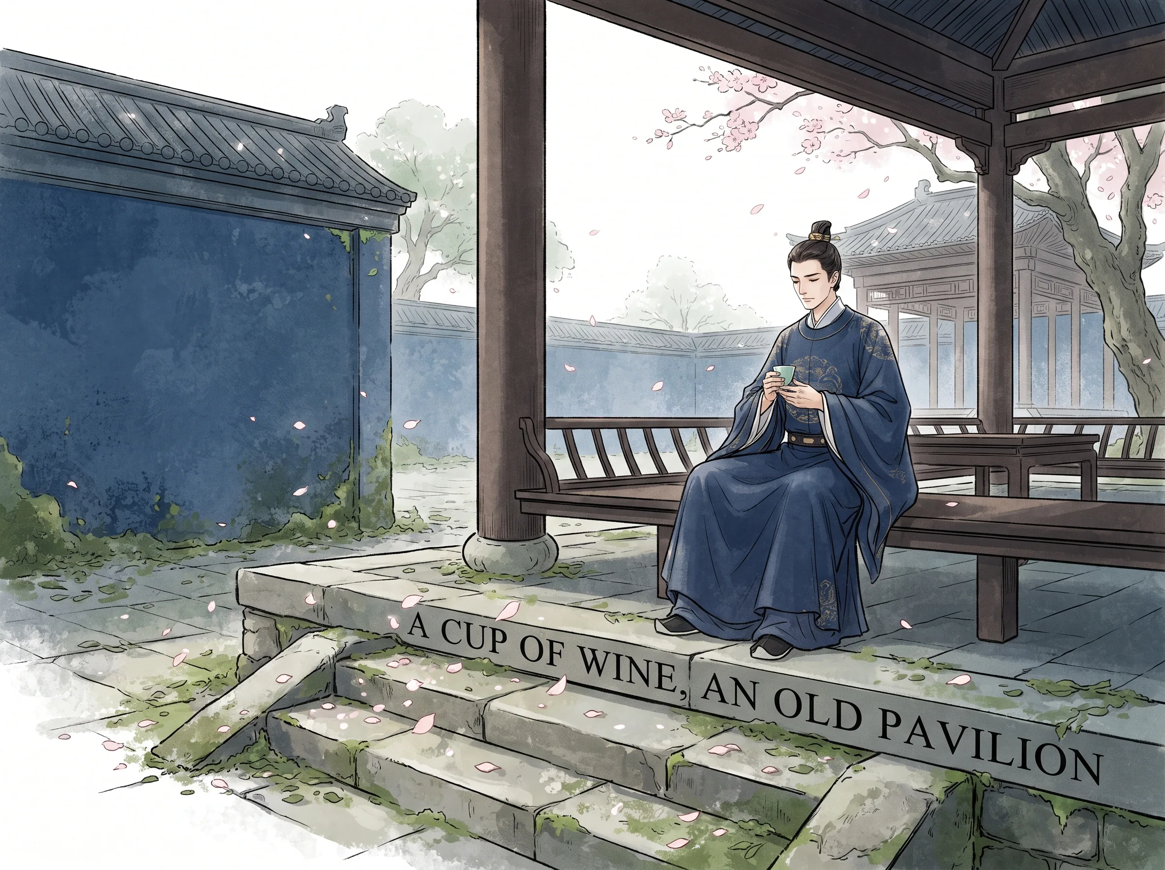 elegant Northern Song courtyard, prime minister Yan Shu in refined scholar robes sitting alone on an open terrace holding a fine celadon wine cup, watching spring petals drift gently onto ancient stone steps in contemporary literati Chinese ink wash in deep Prussian blue and sage green with ample Xuan paper negative space, illustrating a cup of wine, an old pavilion, embodying '一曲新词酒一杯，去年天气旧亭台'：北宋太平宰相晏殊于小阁画堂前独酌，春风拂动庭院落花，在极致富贵中品味生命韶华易逝的哲思忧伤 on ChiDestiny