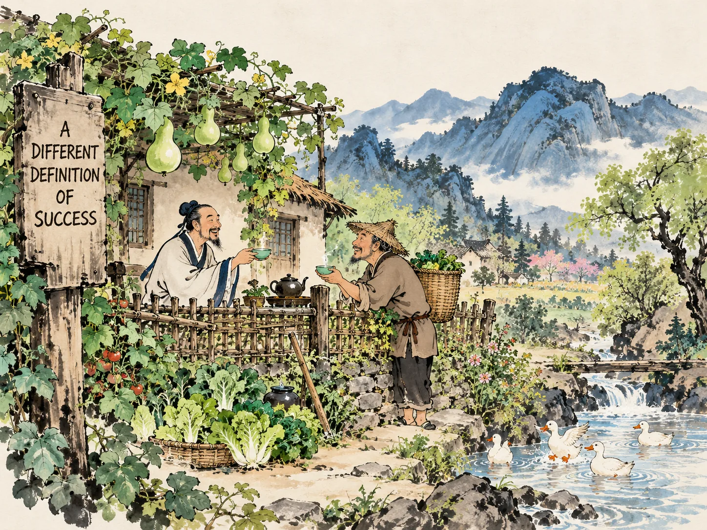 an idyllic rustic cottage with a small vegetable patch, a climbing gourd trellis, and playful ducklings splashing in a brook in contemporary literati Chinese ink wash in deep Prussian blue and sage green with ample Xuan paper negative space, illustrating a different definition of success, embodying 山野草堂中两亩薄田、一架葫芦、三五只小鸭，隐士与山僧隔篱分泉煮茶，不与世俗争胜负，在自足中品味真正的成功 on ChiDestiny