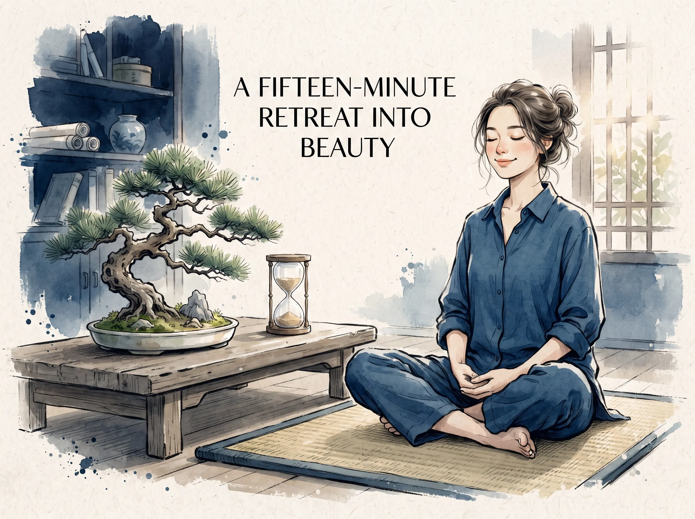 a modern professional sitting peacefully on a tatami mat at home beside a miniature tray landscape (penjing) and an hourglass, completely unplugged and smiling at inner peace, deep Prussian blue room shadow in contemporary literati Chinese ink wash in deep Prussian blue and sage green with ample Xuan paper negative space, illustrating a fifteen-minute retreat into beauty, embodying 培育美学感知力：每天给自己十五分钟的纯净时间，静坐观云、抚弄盆景，将外散的浮躁精力收敛回当下的呼吸与静美之中 on ChiDestiny