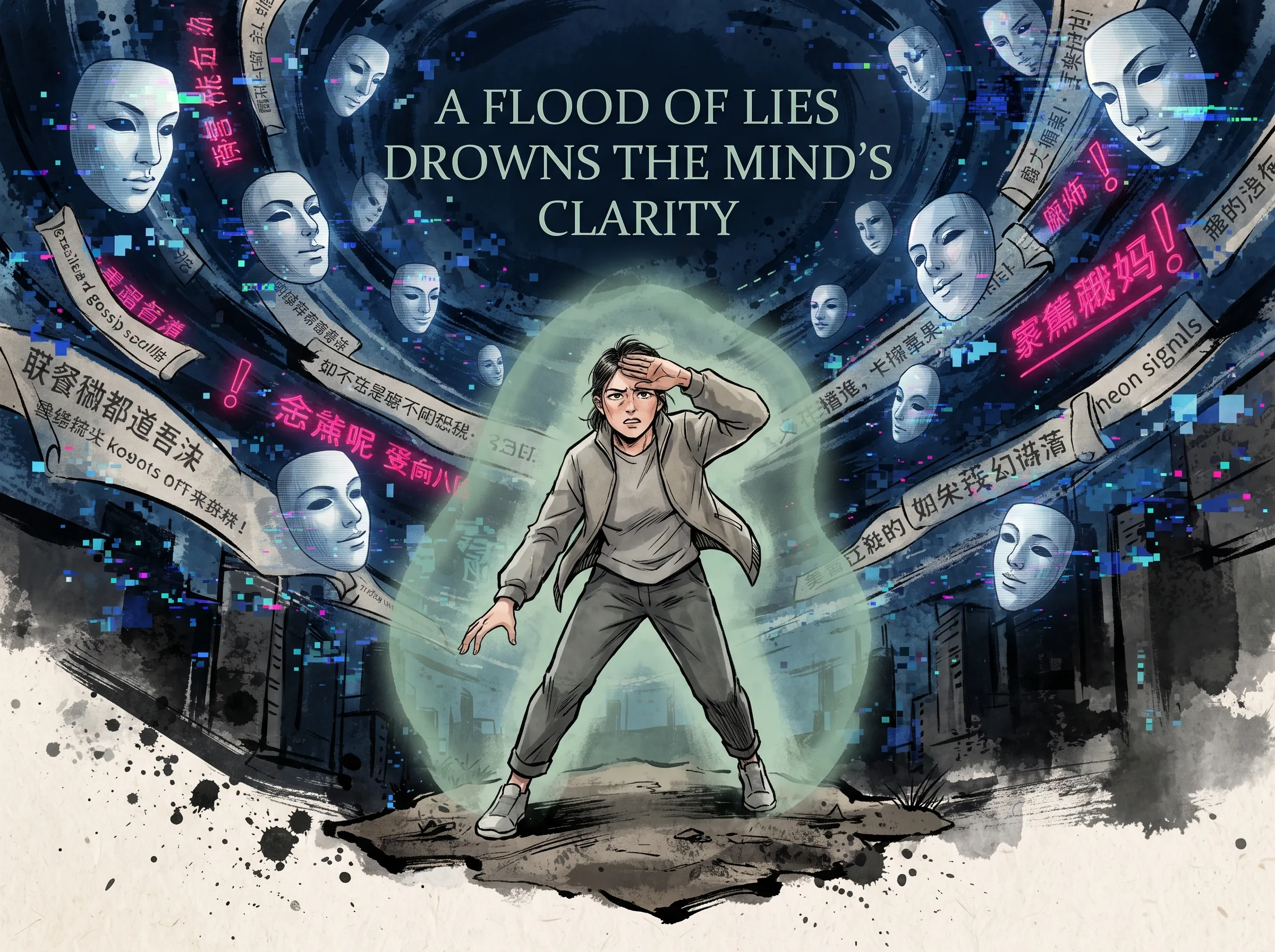 a modern thinker standing amidst an overwhelming storm of floating holographic deepfake masks, conflicting gossip scrolls, and screaming neon signals in contemporary literati Chinese ink cartoon style with Prussian blue ink wash, sage green accents, and Xuan paper negative space, illustrating a flood of lies drowns the mind's clarity, embodying 假信息洪流撕裂心智：漫天飘洒的谣言传单与喧嚣杂音如蝗虫过境，士兵神经紧绷心力交瘁，失去判断真正威胁的清明理智 on ChiDestiny