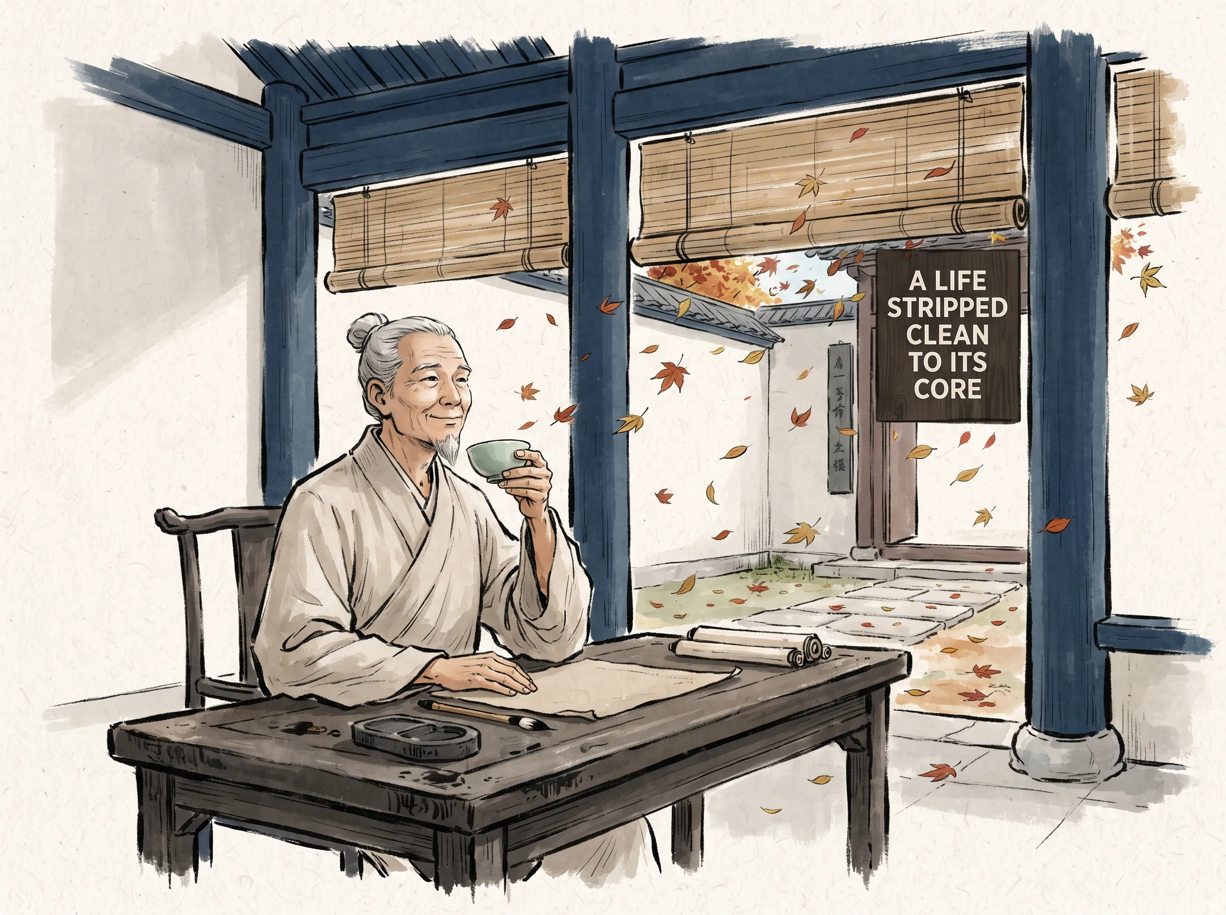 an elderly upright magistrate in simple linen robes sitting peacefully at his desk in an austere provincial office, looking out at falling autumn leaves while savoring a cup of mountain tea with a gentle tranquil smile, deep Prussian blue office columns in contemporary literati Chinese ink wash in deep Prussian blue and sage green with ample Xuan paper negative space, illustrating a life stripped clean to its core, embodying 素衣县令韦应物在公堂退食后，独坐西斋听风雨落叶，案上一杯淡茶两袖清风，展现风雨磨砺后最纯粹的文人风骨与仁厚政声 on ChiDestiny