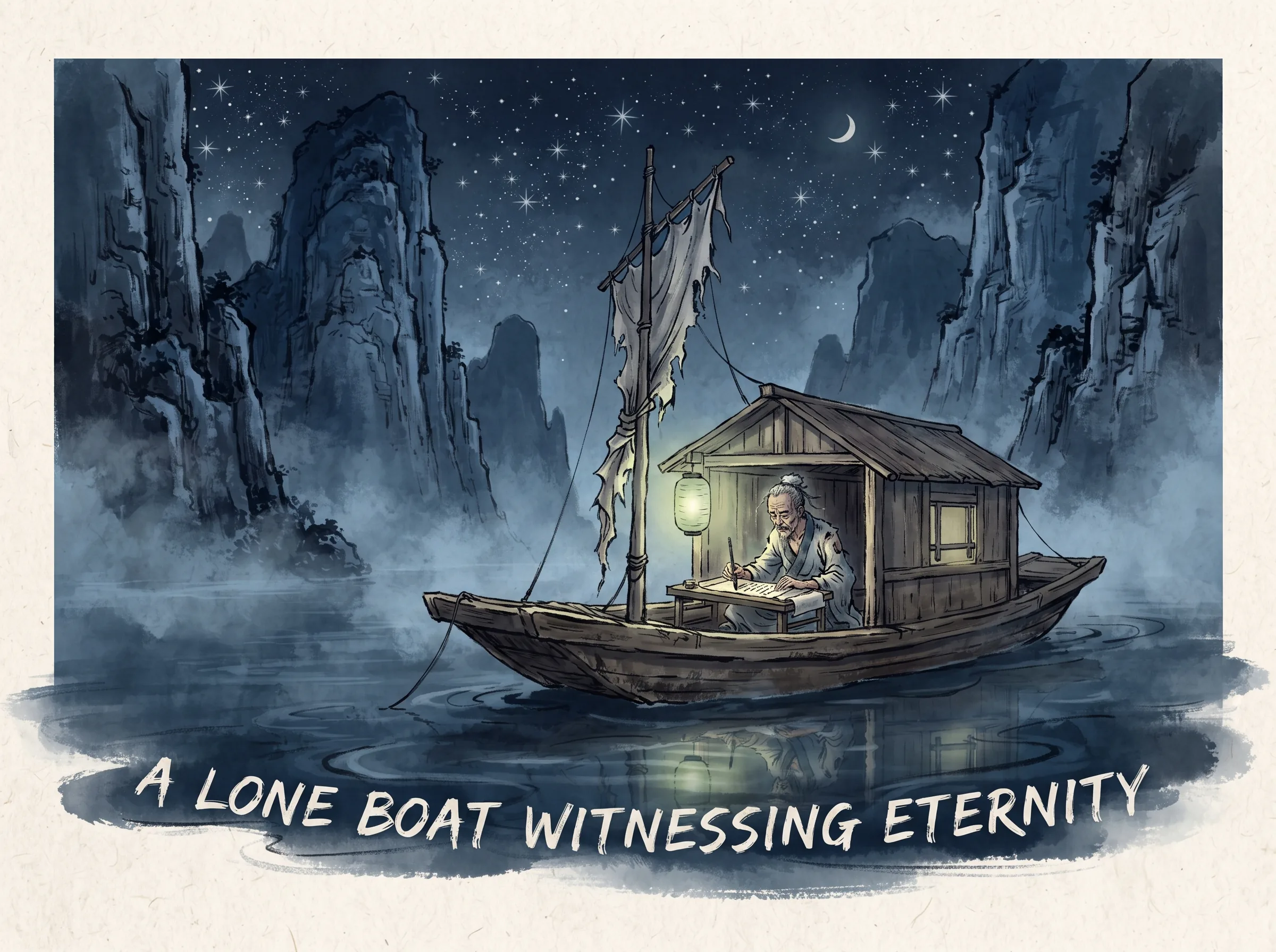 a small wooden boat moored in the vast misty waters of the Xiang River beneath soaring starry cliffs, inside the lantern-lit cabin an elderly sick poet writes feverishly with steady brush strokes, turning personal destitution into immortal conscience in contemporary literati Chinese ink wash in deep Prussian blue and sage green with ample Xuan paper negative space, illustrating a lone boat witnessing eternity, embodying 晚年孤舟漂泊湘江，杜甫虽病骨支离，手里的毛笔却在摇晃的船舱中为苍生写下最伟大的史诗，人生虽败却立起人类精神不朽的丰碑 on ChiDestiny