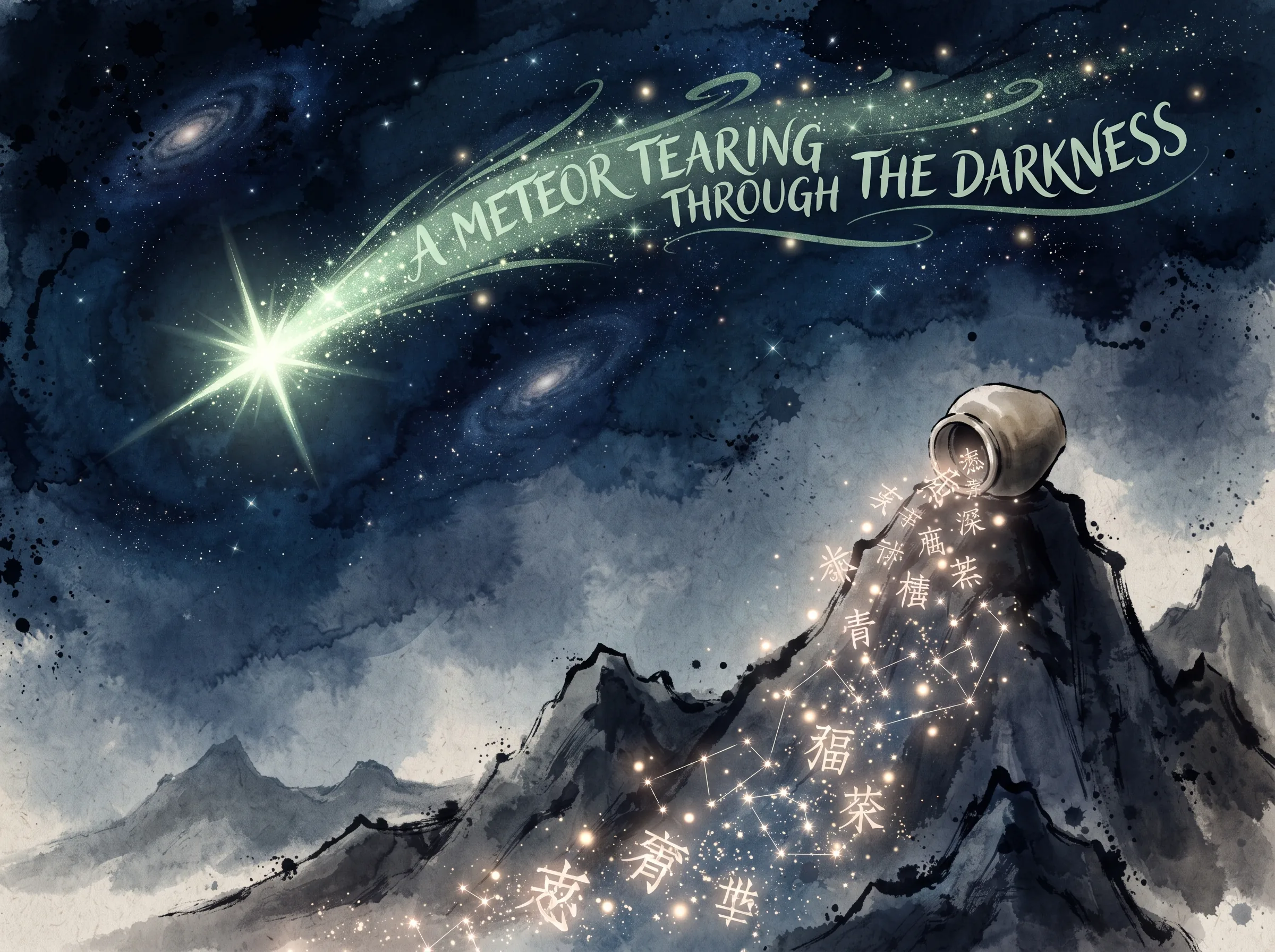 a brilliant shooting star streaking across a deep ink-black night sky, illuminating desolate jagged mountain peaks below where an ink pot spills glowing constellations of unearthly poetry, celebration of fragile genius transcending mortal rejection in contemporary literati Chinese ink wash in deep Prussian blue and sage green with ample Xuan paper negative space, illustrating a meteor tearing through the darkness, embodying 短暂二十七载生命如流星划破夜空，虽受人间体制作茧自缚，却在超现实的瑰丽幻象中创造了无人能及的诗歌奇峰 on ChiDestiny