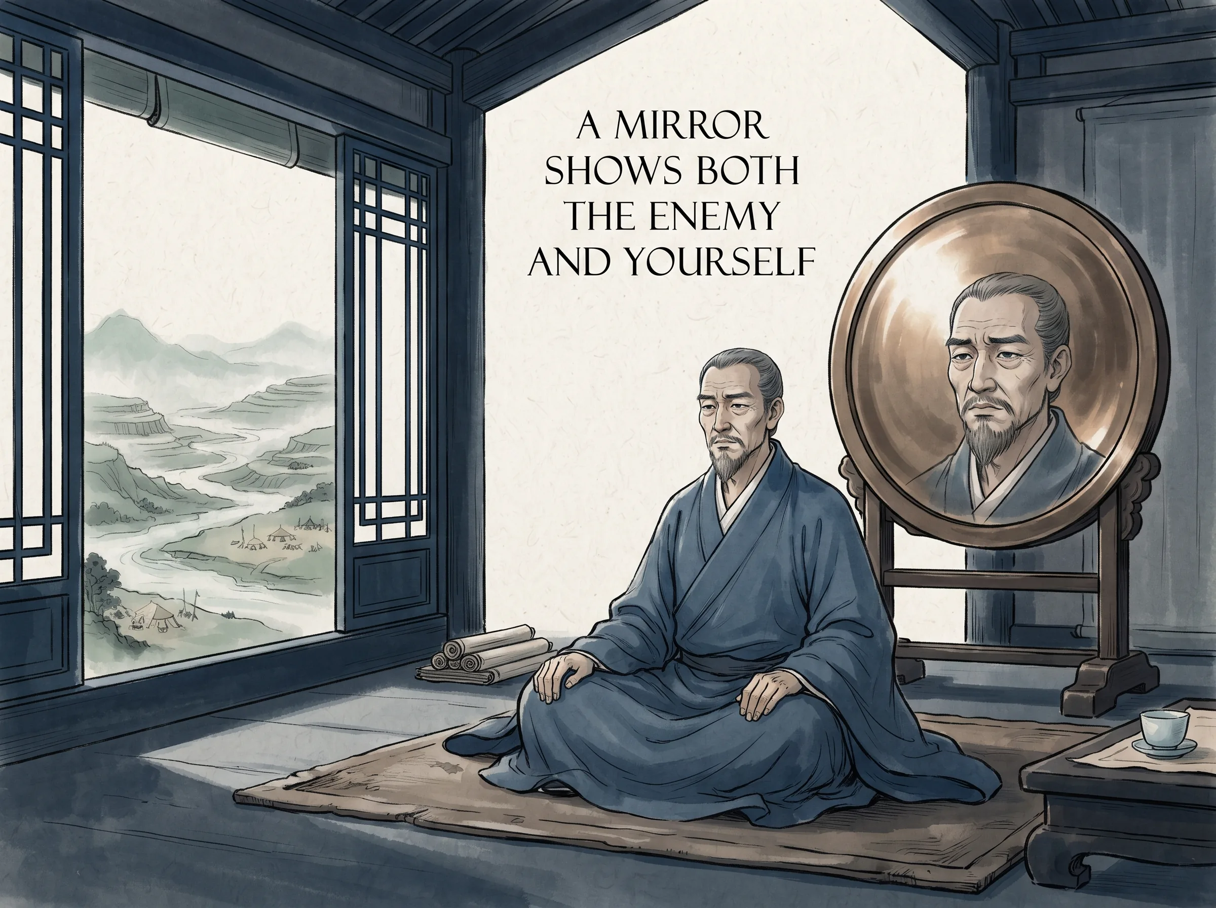 a reflective general seated between a polished bronze circular mirror reflecting his own honest expression and an open pavilion window overlooking panoramic terrain below, deep Prussian blue robes and room architecture, calm sage green distant landscape wash in contemporary literati Chinese ink cartoon style with Prussian blue ink wash, sage green accents, and Xuan paper negative space, illustrating a mirror shows both the enemy and yourself, embodying 知彼知己百战不殆：文人端坐明镜前既审视内心弱点与盲区，又推窗俯瞰敌情全貌，如镜照物不带个人私欲与偏见 on ChiDestiny