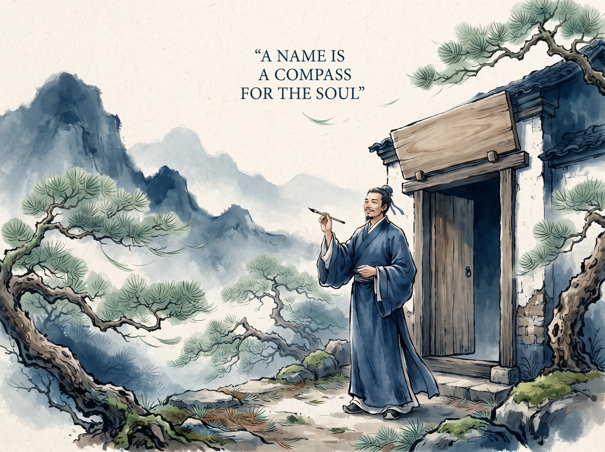 a scholar holding an ink brush pausing before an unpainted wooden plaque hanging over a rustic study door, contemplating the perfect two-character name while wind rustles mountain trees, deep Prussian blue scholar robe and doorway in contemporary literati Chinese ink wash in deep Prussian blue and sage green with ample Xuan paper negative space, illustrating a name is a compass for the soul, embodying 古人为斋号、书室或器物命名'听雨'、'退思'，名字不仅是代号，更是为心灵锚定的人生愿景与精神归宿 on ChiDestiny