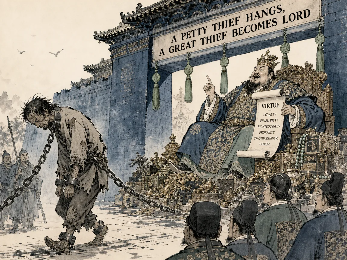 stark visual irony of power, a poor ragged pickpocket in iron shackles dragged past a grand palace where an enormous crowned warlord wearing royal brocade lectures on virtue while sitting on heaps of conquered treasure, Prussian blue heavy palace stone walls in contemporary literati Chinese ink cartoon style with Prussian blue ink wash, sage green accents, and Xuan paper negative space, illustrating a petty thief hangs, a great thief becomes lord, embodying 窃钩者诛窃国者诸侯：偷小带钩者被戴枷问斩，而窃取城池江山者却受封万户侯、冠冕堂皇高坐庙堂讲仁义 on ChiDestiny