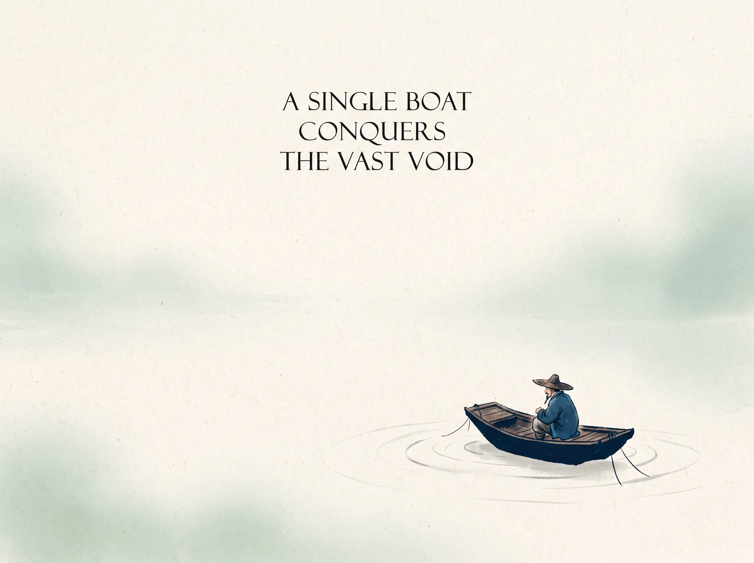 an iconic homage to Ma Yuan: a tiny lone fisherman huddled in a wooden rowboat in the lower corner of a vast, misty river where 90% of the canvas is pure textured Xuan paper space, subtle ripples suggesting infinite cold waters in contemporary literati Chinese ink wash in deep Prussian blue and sage green with ample Xuan paper negative space, illustrating a single boat conquers the vast void, embodying 南宋马远'马一角'寒江独钓图意境：一叶扁舟飘荡在茫茫无际的水墨留白之中，数笔水波勾勒出浩瀚千里的浩渺江天 on ChiDestiny