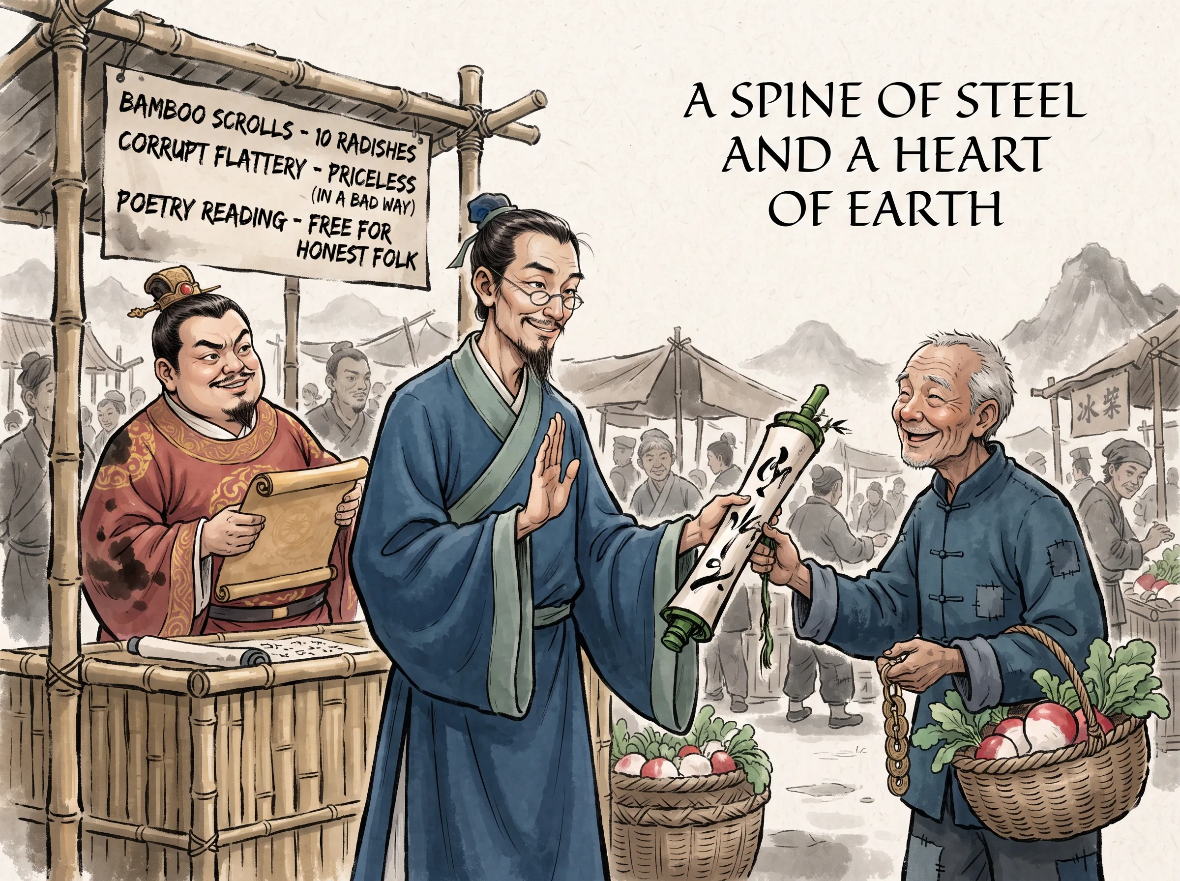 a wry and sharp-eyed literati poet standing beside a bamboo market stall with a posted playful calligraphy price sheet, politely declining corrupt flattery while happily trading a vigorous ink bamboo scroll for fresh radishes and copper coins with honest villagers, deep Prussian blue coats in contemporary literati Chinese ink wash in deep Prussian blue and sage green with ample Xuan paper negative space, illustrating a spine of steel and a heart of earth, embodying 打破文人虚骄清高：郑板桥在市井润格中明码标价'索我画，不如以黄金白银'，坦荡自食其力，既有风骨亦有烟火真诚 on ChiDestiny