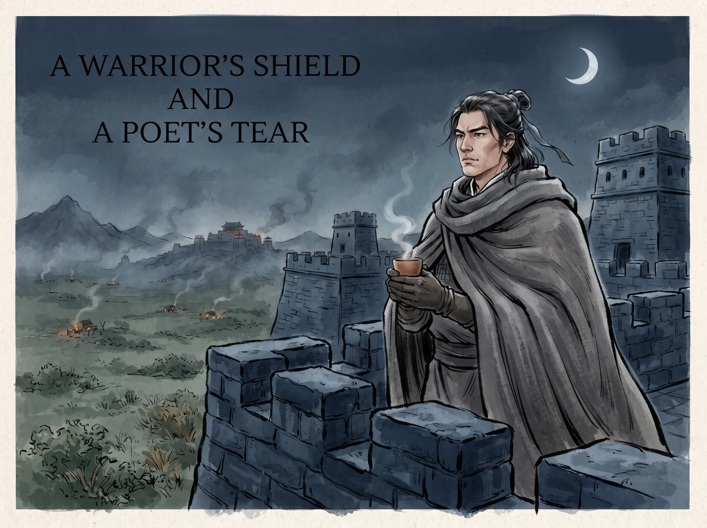 a majestic military magistrate standing atop a frontier stone battlements wrapped in an iron-grey cloak under a cold crescent moon, overlooking smoky desert outposts while holding a warm wine cup, deep Prussian blue ramparts and distant fortress peaks in contemporary literati Chinese ink wash in deep Prussian blue and sage green with ample Xuan paper negative space, illustrating a warrior's shield and a poet's tear, embodying 范仲淹镇守西北边塞，孤烟落日大漠风沙中严明军纪、抚平胡羌，夜宿孤城听边声羌笛，浊酒一杯家万里 on ChiDestiny