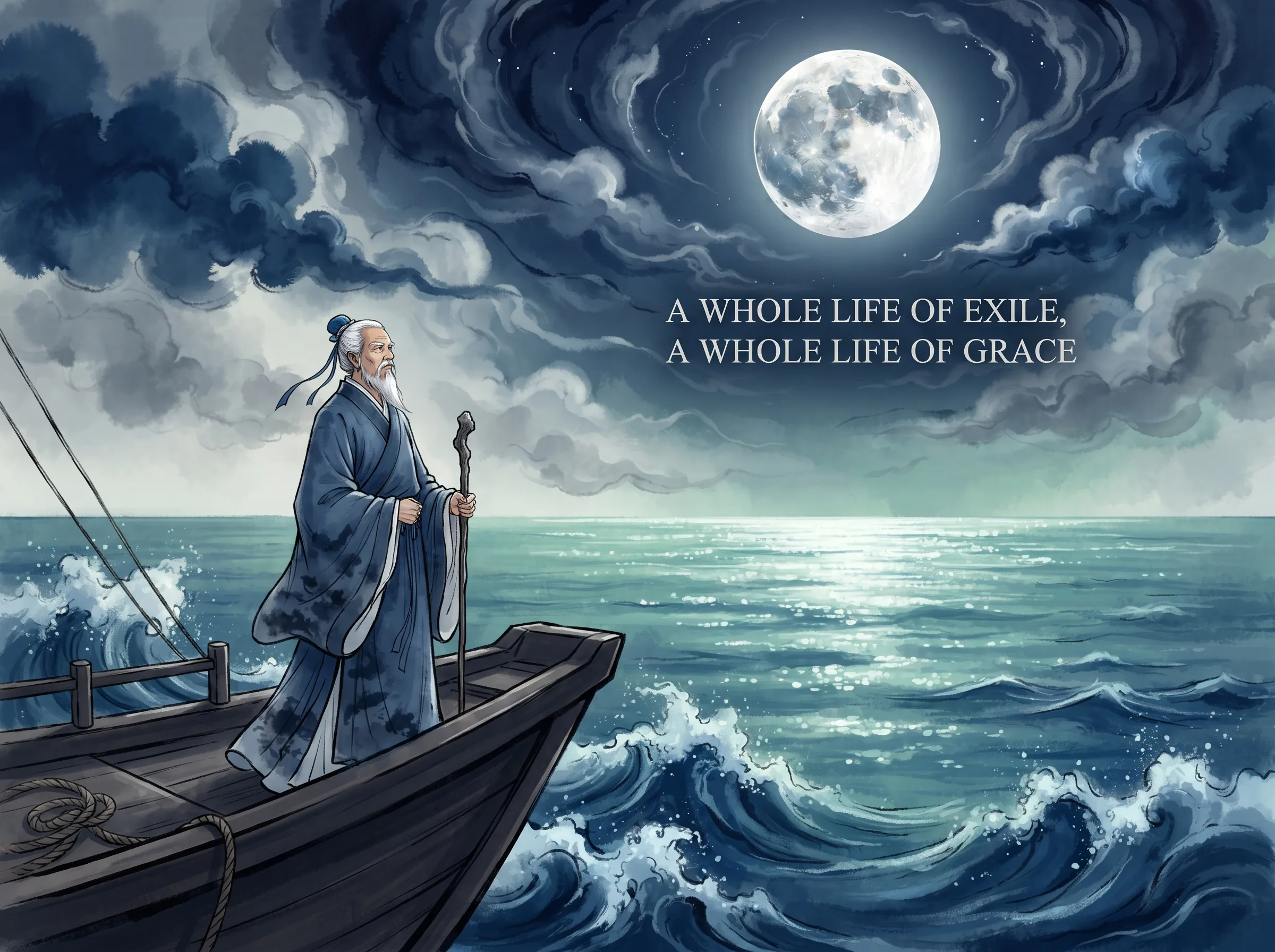 an aged wise philosopher standing calmly at the prow of an ocean ferry watching surging midnight breakers subside into shimmering calm beneath a radiant silver full moon, deep Prussian blue midnight sea and cloud swirls, tranquil sage green sea foam and jade moonlight reflection in contemporary literati Chinese ink wash in deep Prussian blue and sage green with ample Xuan paper negative space, illustrating a whole life of exile, a whole life of grace, embodying 晚年渡海北归回望风浪，'问汝平生功业，黄州惠州儋州'，苦难已化为勋章，纯真赤子之心宛如明月高照狂涛之上 on ChiDestiny