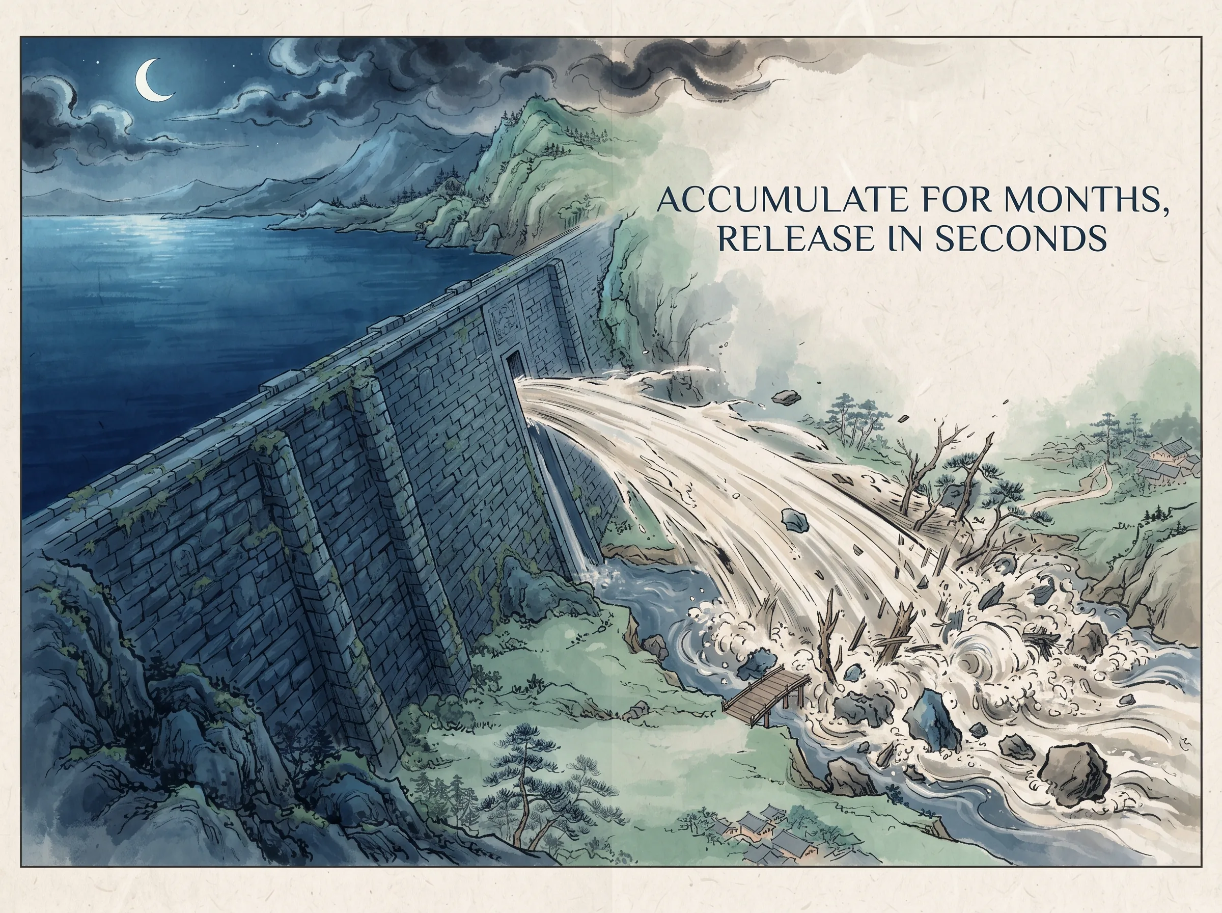 a monumental mountain stone dam quietly holding back deep oceanic blue waters under moonlight, then suddenly unleashing a single concentrated roaring jet through a narrow sluice gate that sweeps away all obstacles, deep Prussian blue reservoir depths and night clouds in contemporary literati Chinese ink cartoon style with Prussian blue ink wash, sage green accents, and Xuan paper negative space, illustrating accumulate for months, release in seconds, embodying 维度蓄积与压缩释放：如同水库大坝积蓄万顷洪流，静默数月，在千分之一秒内同时开闸，以压倒性势能瞬间重塑整个战场格局 on ChiDestiny