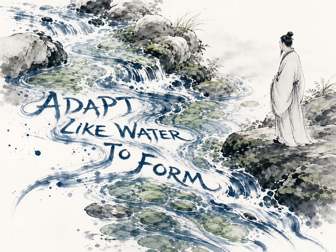 cascading crystal-clear mountain water seamlessly contouring around rugged rocks and filling every natural dip without fixed shape, a scholar standing by the brook observing the liquid adaptability, deep Prussian blue ink streams in contemporary literati Chinese ink cartoon style with Prussian blue ink wash, sage green accents, and Xuan paper negative space, illustrating adapt like water to form, embodying 清泉流淌顺岩壁蜿蜒，无固形无固势，避高下趋随圆就方，战略家依泉而立，以瓢舀水若有所思 on ChiDestiny