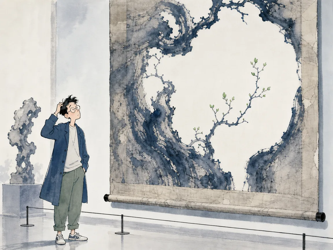 Thoughtful museum visitor pausing before a classical ink landscape scroll with expressive flattened brushstrokes in subtle monochrome ink wash on silk with atmospheric depth, illustrating aesthetic humility and Liu Zongyuan's principle that beauty is summoned through human perception on ChiDestiny