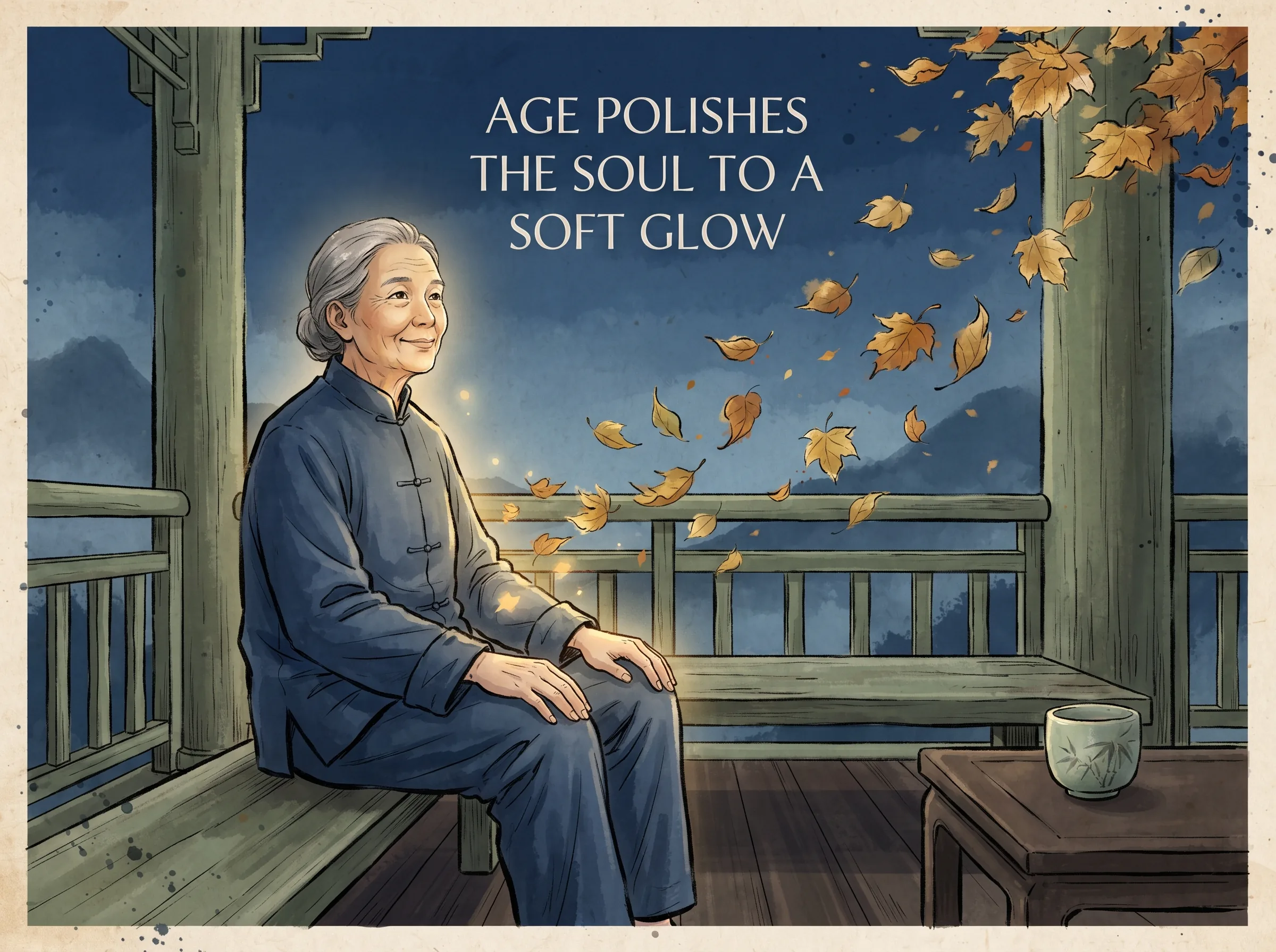 an older person sitting at an open veranda looking warmly at falling autumn leaves, hands relaxed on knees, a gentle inner golden light reflecting off their calm demeanor in contemporary literati Chinese ink wash in deep Prussian blue and sage green with ample Xuan paper negative space, illustrating age polishes the soul to a soft glow, embodying 人生的包浆：中年人在阅尽人情冷暖后褪去锋芒躁气，脸上浮现出宽厚包容的笑意，灵魂在岁月的摩挲下沉淀出如玉的光华 on ChiDestiny