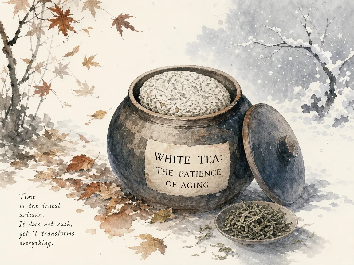 An aged white tea cake wrapped in yellowed rice paper resting beside a few pristine silver needle buds, the compressed aged disc emanating a quiet wisdom earned through years of patient transformation in soft Prussian blue aged paper shadows, silver-white needle gleam, and generous warm Xuan paper space, illustrating the patience of aging, showing how white tea's minimal processing and long aging embody the Daoist virtue of unhurried maturation and the wisdom of restraint on ChiDestiny