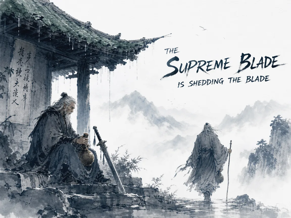 Aging master warrior sitting under the dripping eave of a mountain shrine, setting aside his famed steel sword to pick up a simple walking stick and gourd of wine, walking away into misty mountains in Prussian blue rain washes, gentle sage green shrine roof tiles, and generous white space, illustrating the supreme blade is shedding the blade, reaching the ultimate martial liberation of peace over retaliation on ChiDestiny