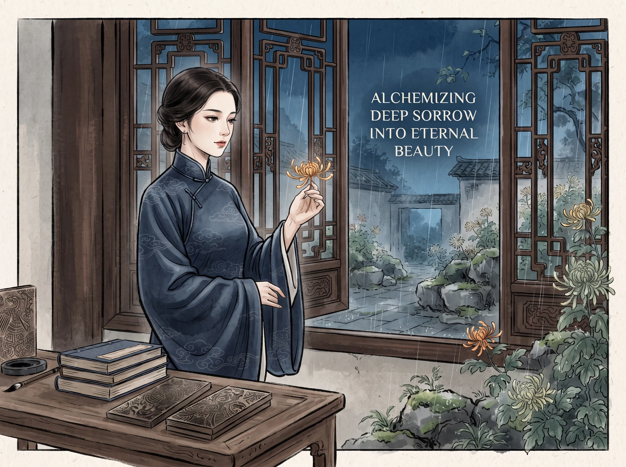 a solitary graceful female poet standing by a southern window at twilight, touching an autumn chrysanthemum petal as evening rain drizzles into a stone courtyard, books and bronze rubbings neatly stacked nearby in contemporary literati Chinese ink wash in deep Prussian blue and sage green with ample Xuan paper negative space, illustrating alchemizing deep sorrow into eternal beauty, embodying 李清照在国破家亡、文物尽失后独对残菊与黄昏冷雨，将物是人非事事休的深渊巨痛炼金为震撼千古的凄美绝唱 on ChiDestiny