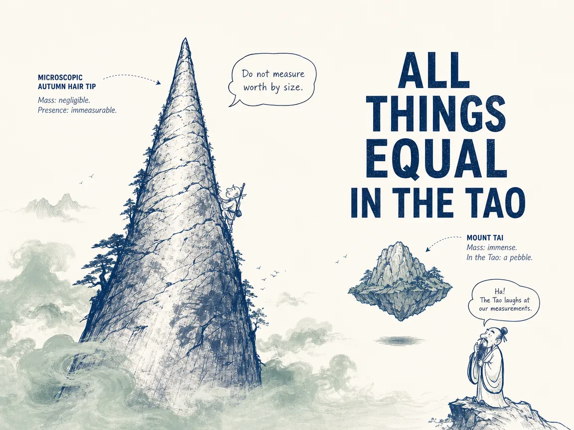 surreal philosophical paradox, a microscopic autumn hair tip rendered towering like a majestic mountain peak, while the grand Mount Tai floats beside it as light as a tiny pebble in contemporary literati Chinese ink cartoon style with Prussian blue ink wash, sage green accents, and Xuan paper negative space, illustrating all things equal in the tao, embodying 一根秋毫之末被放大镜照出如同高耸泰山，而远方泰山如微尘般轻巧，万物齐一打破相对大小执念 on ChiDestiny