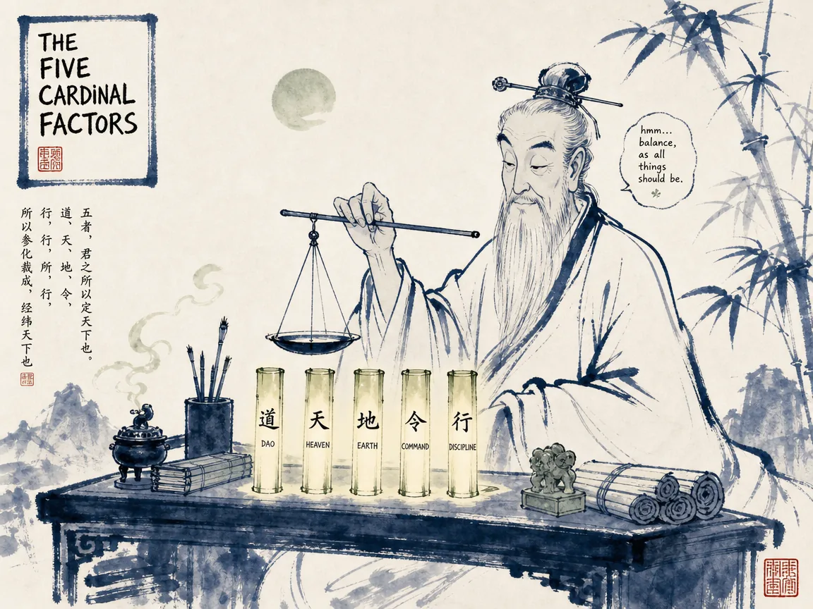 a clever military strategist moving a tiny stone on a Weiqi board, swirling ink mist casting towering deceptive army shadows on a rice paper wall, the opponent scratching his head in comic bewilderment in contemporary literati Chinese ink cartoon style with Prussian blue ink wash, sage green accents, and Xuan paper negative space, illustrating all warfare is based on deception, embodying 棋局对弈间虚实迷雾笼罩， strategist 轻轻落子，看似微小的棋子投射出千军万马的庞大虚影，敌手面露困惑 on ChiDestiny