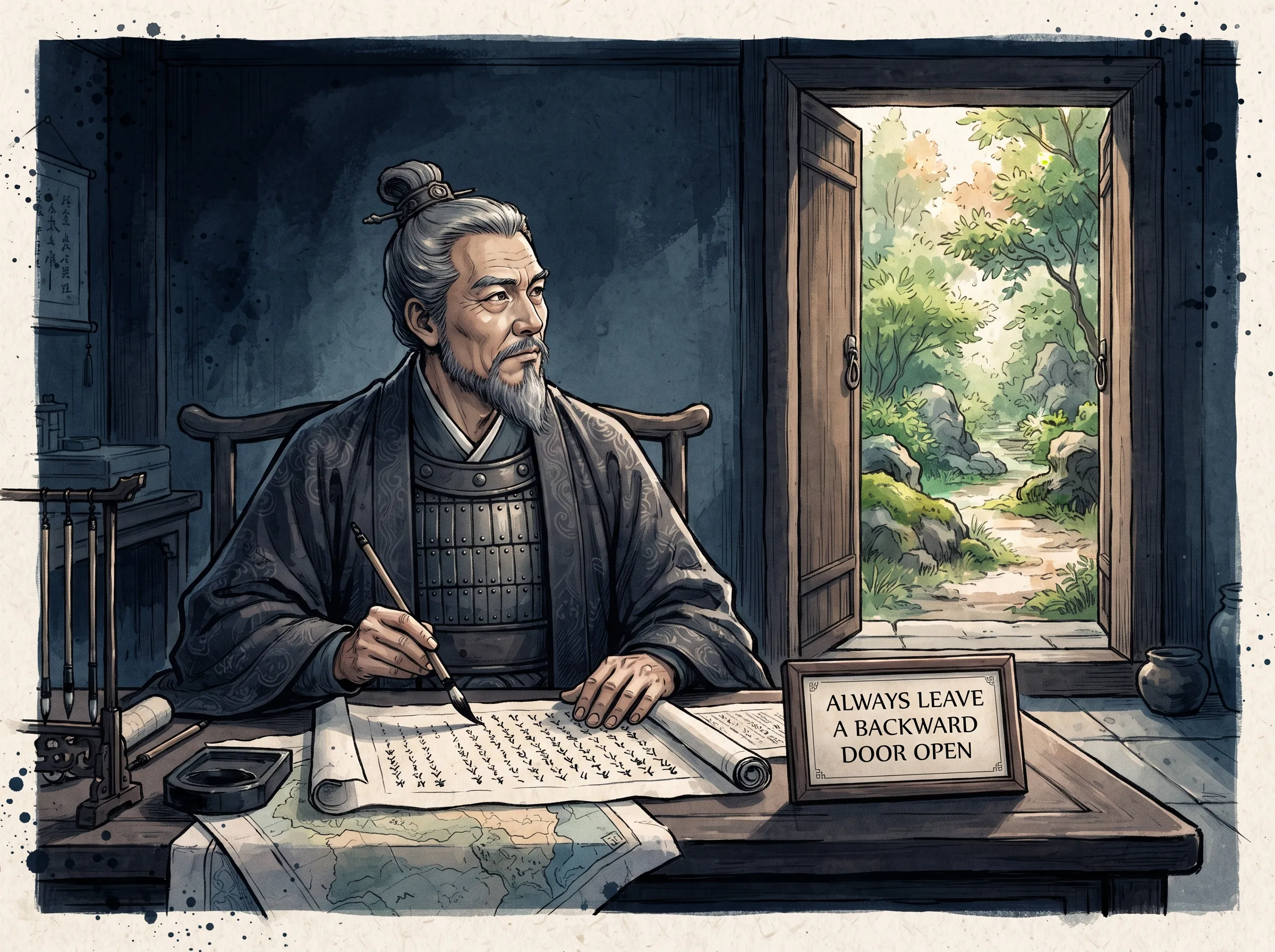 a scholar-general pausing his ink brush just millimeters above a military dispatch, turning his head thoughtfully toward a sturdy wooden side door leading into open safety, deep Prussian blue study walls and desk shadow in contemporary literati Chinese ink cartoon style with Prussian blue ink wash, sage green accents, and Xuan paper negative space, illustrating always leave a backward door open, embodying 改变一切的清醒提问：'如果我完全错了，最坏的代价是什么？'军师在签署调令前悬笔深思，留出充足撤退通道与容错冗余 on ChiDestiny