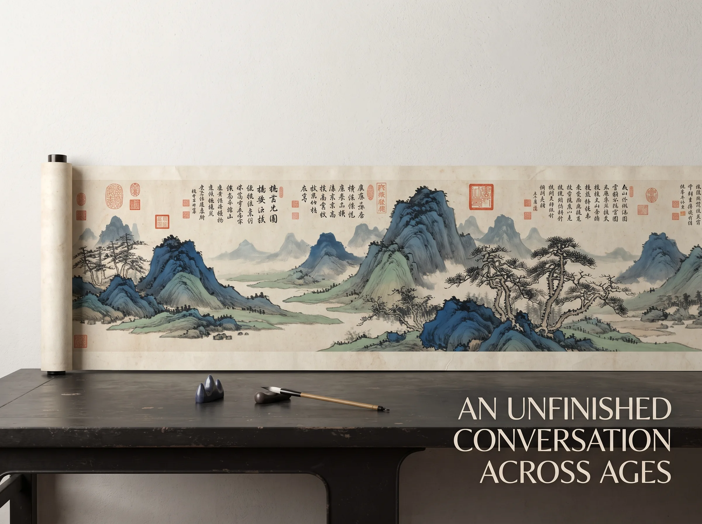 an expansive horizontal landscape scroll unrolled across a low scholar table, multiple delicate vermilion collectors' seals and calligraphic inscriptions from different centuries harmonizing with ancient painted pines, deep Prussian blue landscape mountains in contemporary literati Chinese ink wash in deep Prussian blue and sage green with ample Xuan paper negative space, illustrating an unfinished conversation across ages, embodying 古老山水长卷在岁月中被历代文士细心展读，后人钤印题跋与前人墨痕交融呼应，器物与艺术成为永不完结的生命对话 on ChiDestiny