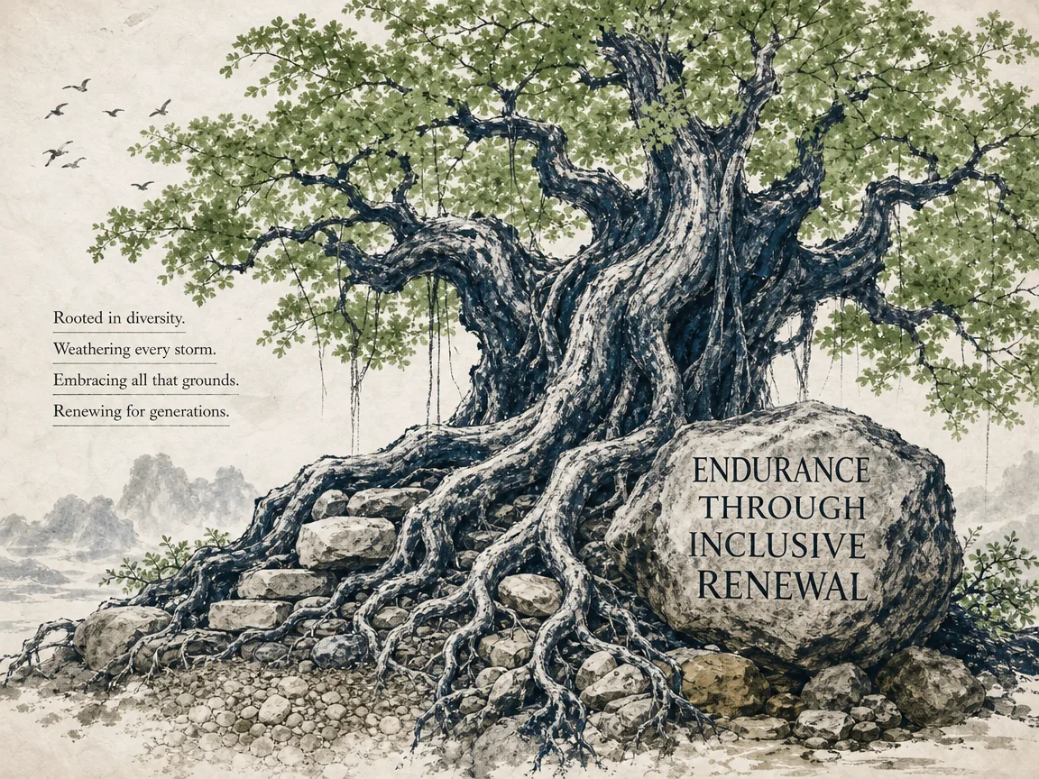 Magnificent ancient banyan tree whose sprawling roots embrace diverse stones and soil types, sprouting fresh vigorous green boughs after surviving historical storms in Prussian blue dry-brush trunk textures and radiant sage green canopy leaves against airy rice paper, illustrating endurance through inclusive renewal, showing that open ecosystems outlive fortified stone fortresses on ChiDestiny