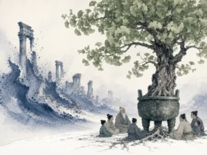 Ancient bronze ceremonial cauldron rooted with a flourishing ancient ginkgo tree contrasting with weathered distant stone pillars in monumental symbolic wash contrasting crumbling imperial ruins with living rooted organic canopy, illustrating civilizational continuity anchored in ethical memory and character rather than ephemeral military dominance on ChiDestiny