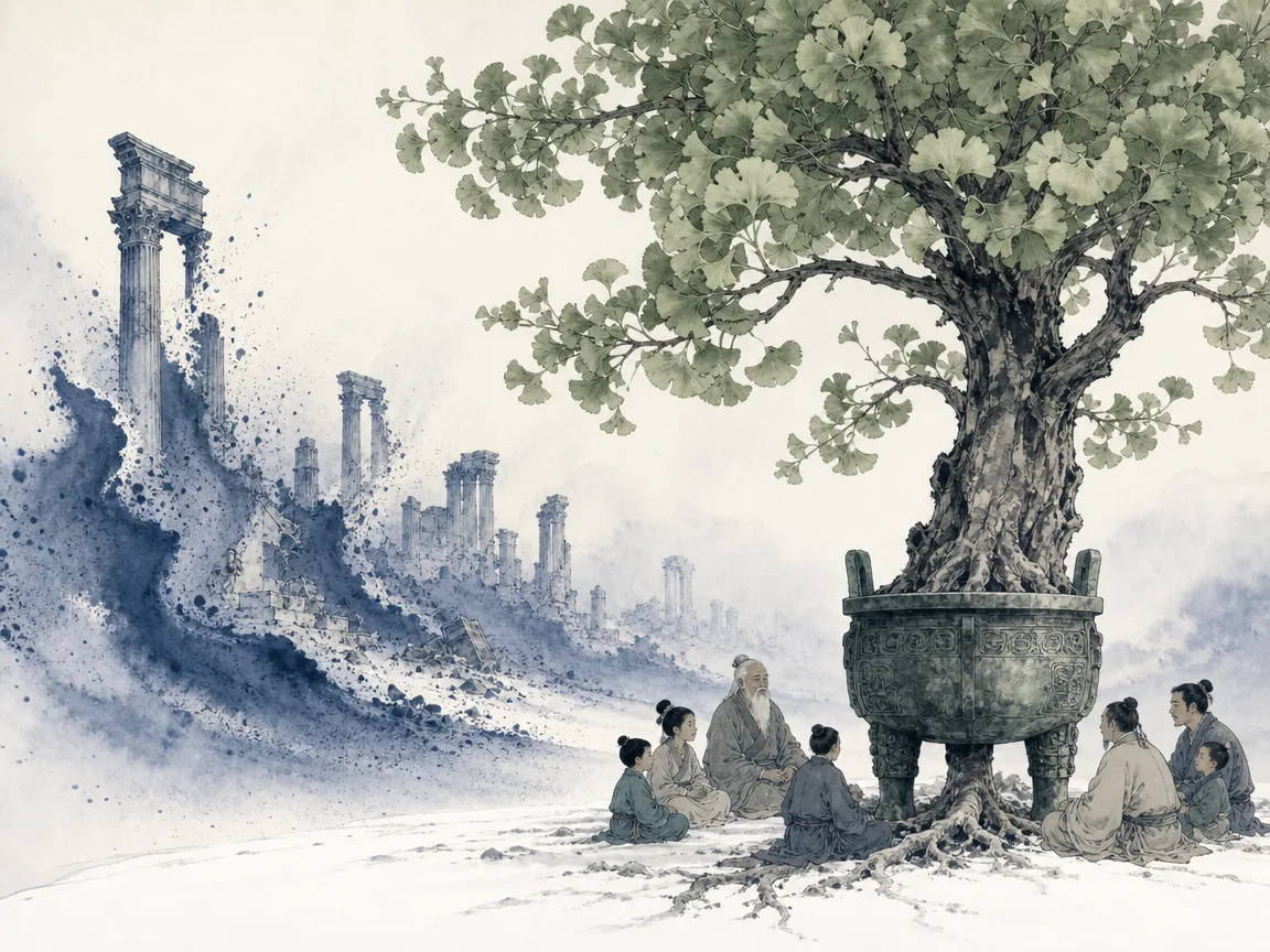 Ancient bronze ceremonial cauldron rooted with a flourishing ancient ginkgo tree contrasting with weathered distant stone pillars in monumental symbolic wash contrasting crumbling imperial ruins with living rooted organic canopy, illustrating civilizational continuity anchored in ethical memory and character rather than ephemeral military dominance on ChiDestiny