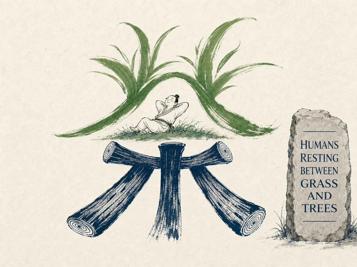 The ancient Chinese character for tea carved into weathered stone, its three components — grass crown above, a resting person in the center, and tree roots below — visually separating and glowing with inner light in deep Prussian blue stone textures, muted sage green grass and tree roots, with luminous Xuan paper, illustrating humans resting between grass and trees, showing how the etymology of tea encodes the primordial need for natural rest and biological restoration on ChiDestiny