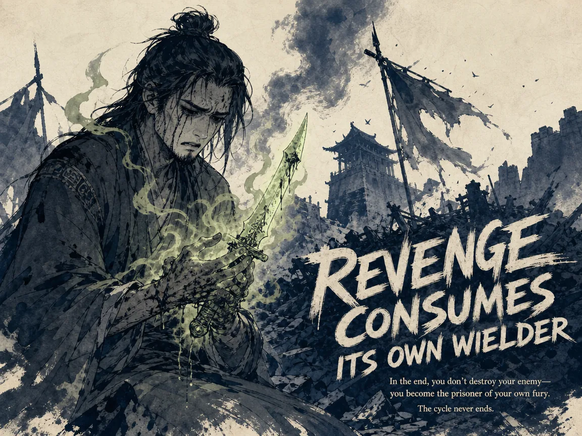 Tragic anti-hero gripping a glowing bloody dagger in the ruins of a conquered fort, realizing in despair that the weapon burns his own palms and locks him in a cold cage in deep Prussian blue smoking ruins, poisonous sage green dagger aura, and stark paper background, illustrating revenge consumes its own wielder, critiquing toxic cycles of retaliation in classical and modern narratives on ChiDestiny
