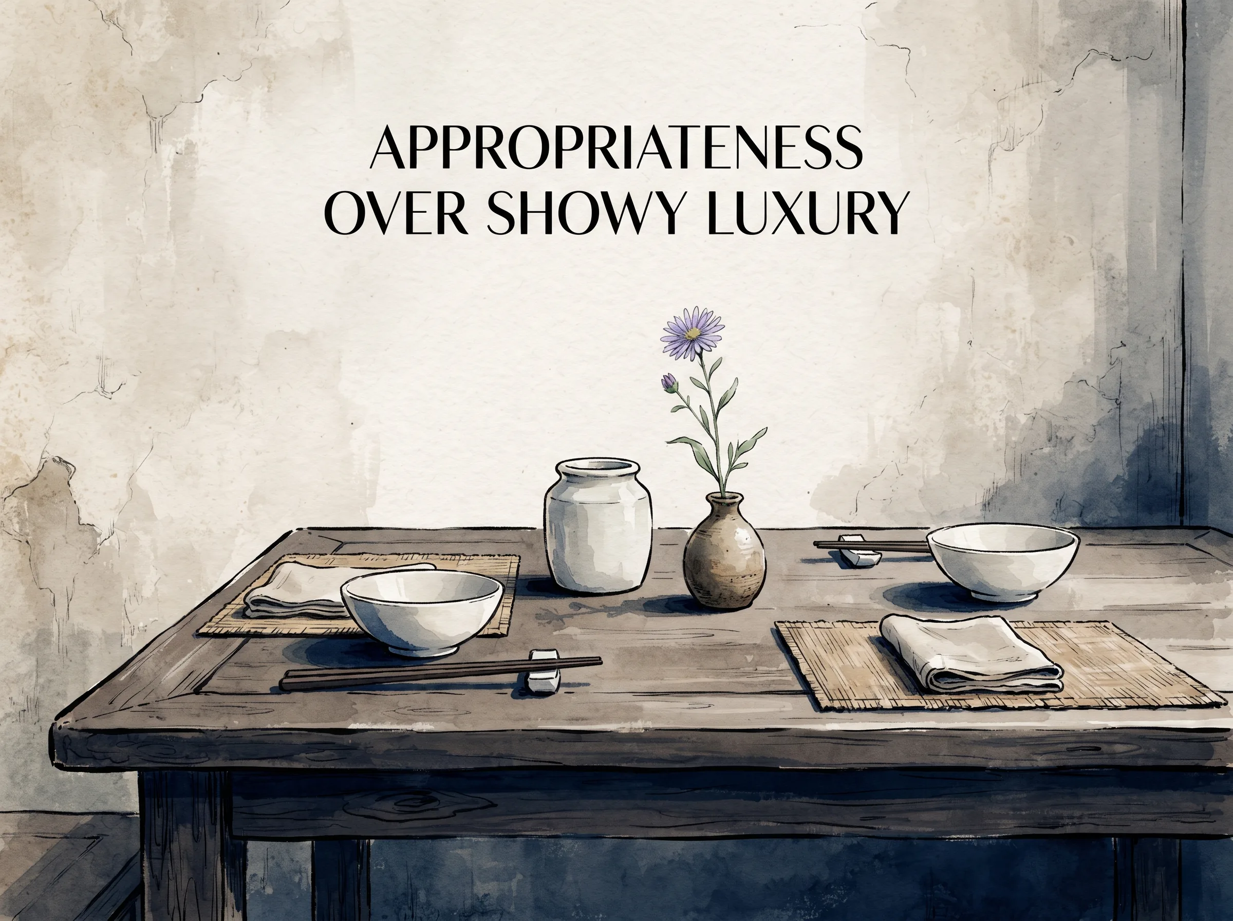 a minimalist wooden table set simply for two guests with a clean ceramic water jar and a single wild meadow flower in a clay vase, radiant in its unpretentious dignity, deep Prussian blue shadows and wooden textures in contemporary literati Chinese ink wash in deep Prussian blue and sage green with ample Xuan paper negative space, illustrating appropriateness over showy luxury, embodying 孔子论礼'礼与其奢也宁俭'：一张干净朴素的木案，一束野花，一壶清泉，恰到好处的得体与真诚，远胜过铺张奢靡的虚饰 on ChiDestiny