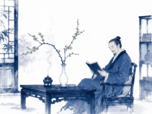 Sunlit scholar desk beside a wooden lattice window holding a single white flower, ceramic tea cup, and journal in serene domestic Chinese still-life with gentle amber sunlight and clean negative space, illustrating artful daily living inspired by Li Yu, discovering delight in unpretentious domestic arrangements on ChiDestiny