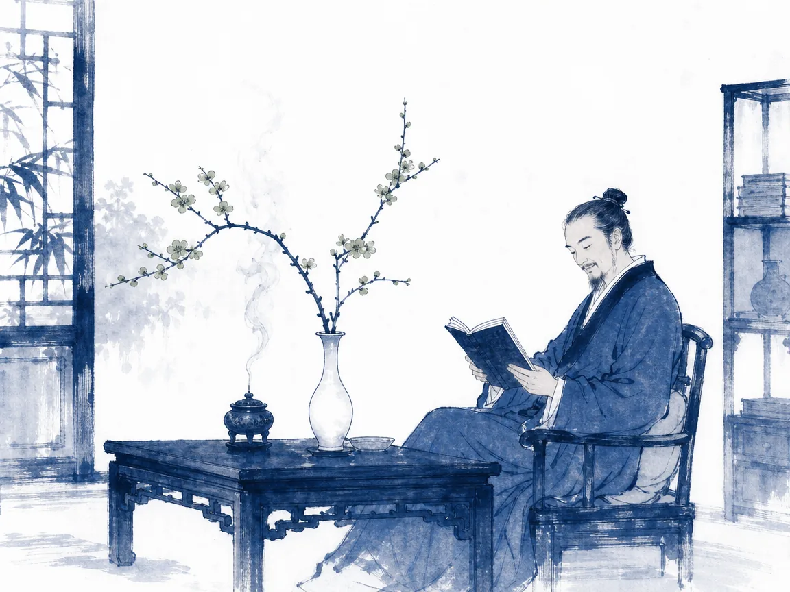 Sunlit scholar desk beside a wooden lattice window holding a single white flower, ceramic tea cup, and journal in serene domestic Chinese still-life with gentle amber sunlight and clean negative space, illustrating artful daily living inspired by Li Yu, discovering delight in unpretentious domestic arrangements on ChiDestiny