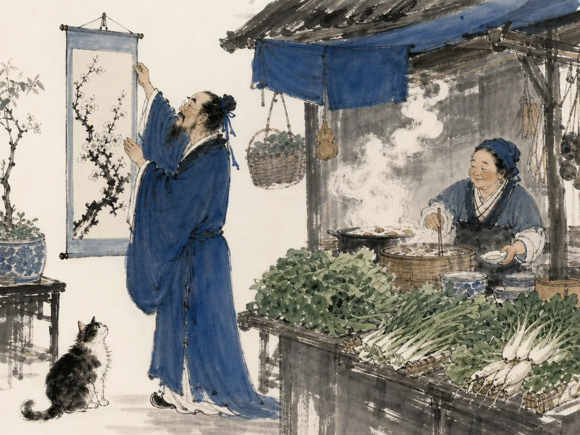 Hand-painted round silk fan with plum blossoms resting beside inkstone, brushes, and bronze coins in vibrant artisan studio still-life with nuanced ink splatters and tactile scholar tools, illustrating the practical creative wit of Jin Nong, harmonizing artistic integrity with economic reality on ChiDestiny