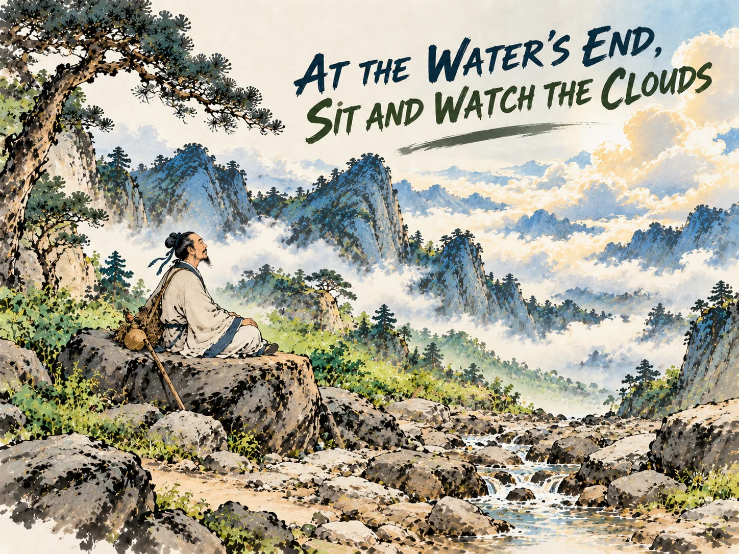 iconic philosophical climax, a wanderer reaching the physical dead-end where a babbling mountain brook vanishes into dry stones, calmly sitting down cross-legged on a smooth boulder to watch glorious billowy clouds rising gracefully over the crags in contemporary literati Chinese ink wash in deep Prussian blue and sage green with ample Xuan paper negative space, illustrating at the water's end, sit and watch the clouds, embodying 名句'行到水穷处，坐看云起时'：溪流走至尽头化为绝壁，文士毫不惊慌，盘膝坐于青石上，抬头静看万朵白云在晴空自然翻涌 on ChiDestiny