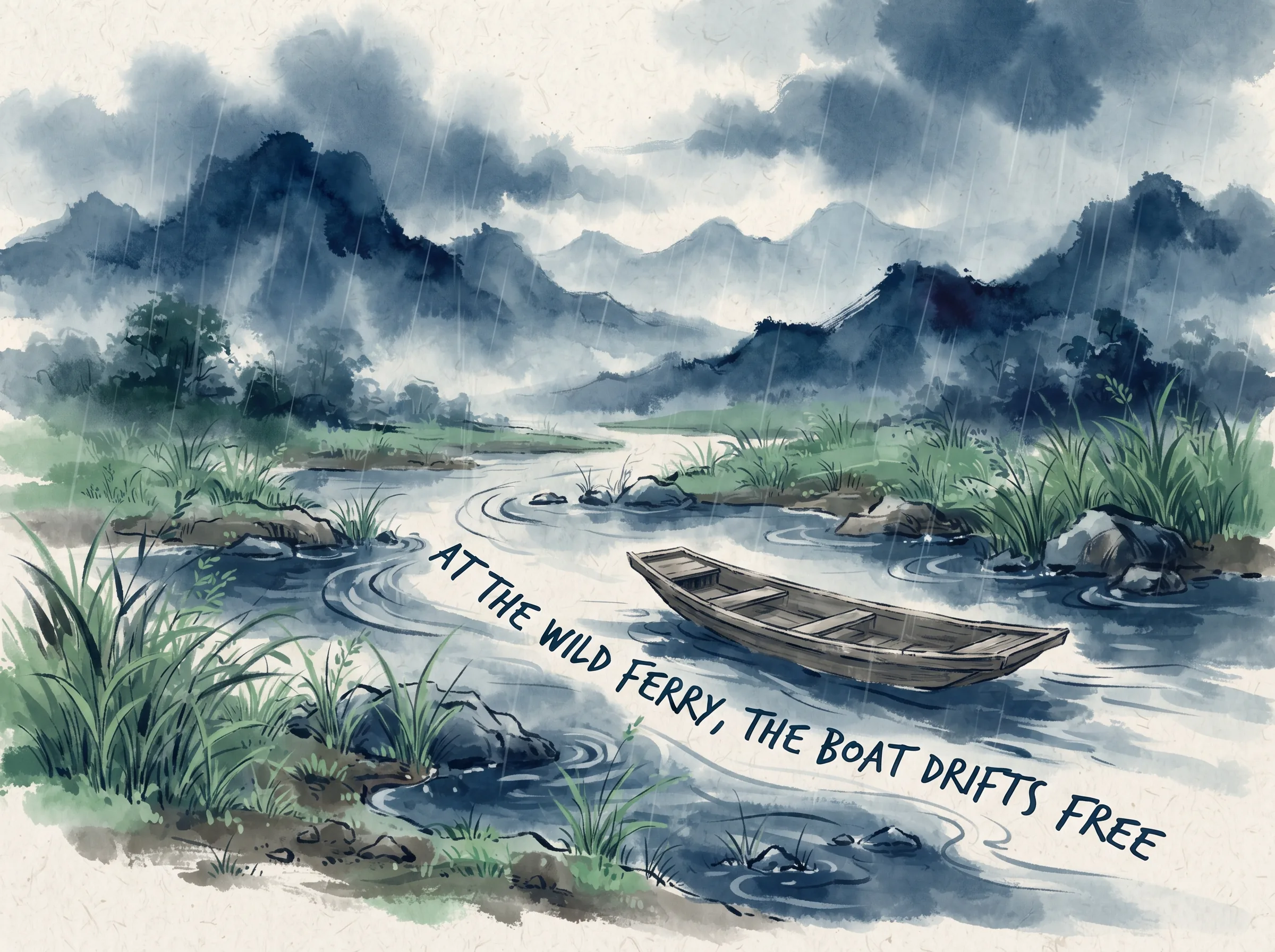 famous tranquil landscape of Chuzhou West Stream, sudden evening spring rain swelling the clear mountain torrent, wild grass blooming along the banks while an unmoored empty wooden skiff drifts serenely across the water with natural freedom in contemporary literati Chinese ink wash in deep Prussian blue and sage green with ample Xuan paper negative space, illustrating at the wild ferry, the boat drifts free, embodying '春潮带雨晚来急，野渡无人舟自横'：滁州西涧清幽之境，暮雨急流中一叶无人小舟自横水面，心境澄澈澹泊与大自然自生自灭浑然相融 on ChiDestiny