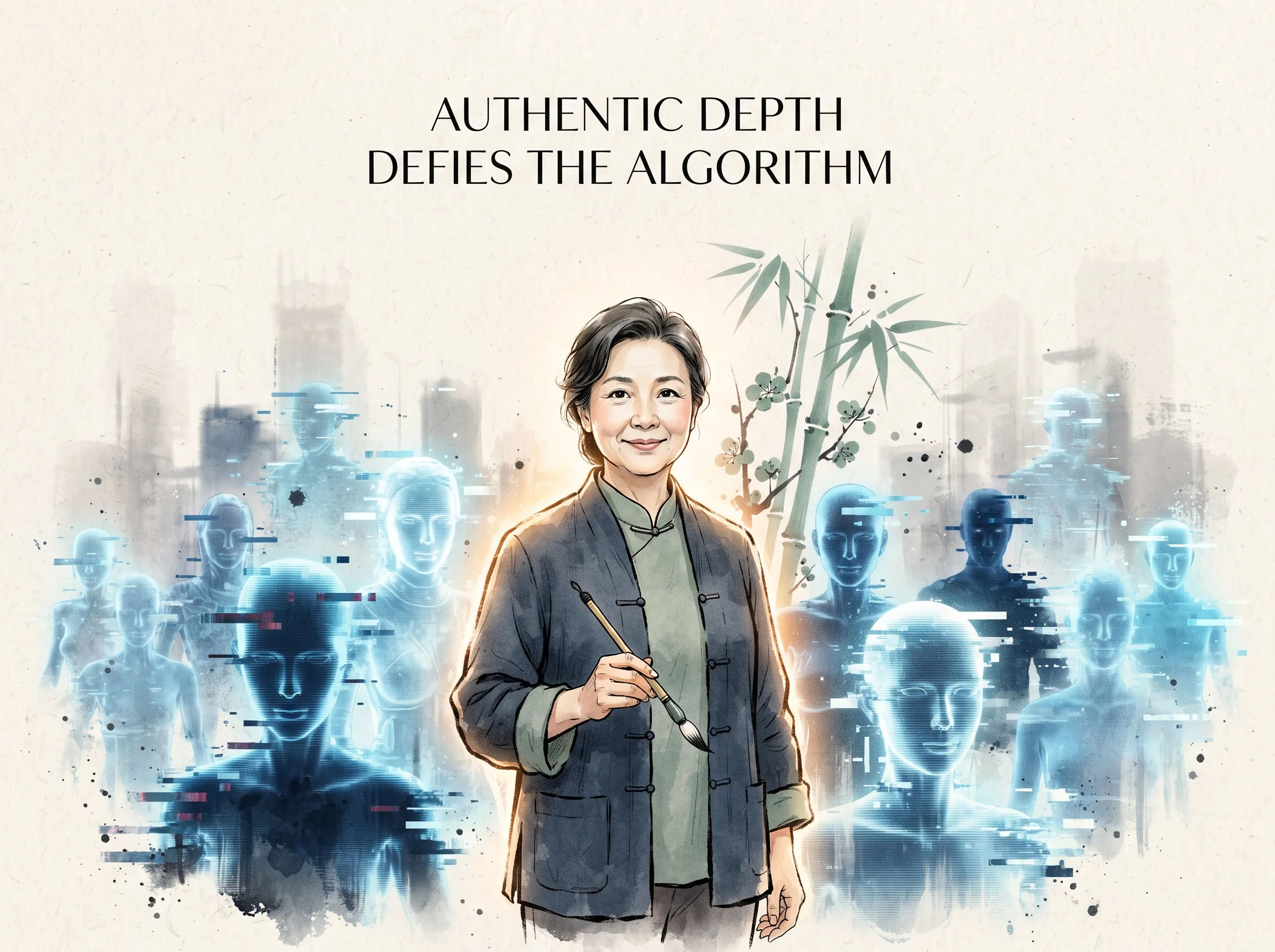 a genuine human creator standing comfortably with an ink brush surrounded by sterile holographic digital avatars and copy-paste filters that melt away like mist, the human glowing with natural grounded warmth, deep Prussian blue tech shadows in contemporary literati Chinese ink wash in deep Prussian blue and sage green with ample Xuan paper negative space, illustrating authentic depth defies the algorithm, embodying 在这个充斥着AI滤镜与流水线人设的算法时代，唯有深扎真实生命体验、诚实生活的人，才能散发出真正不可替代的动人气韵 on ChiDestiny