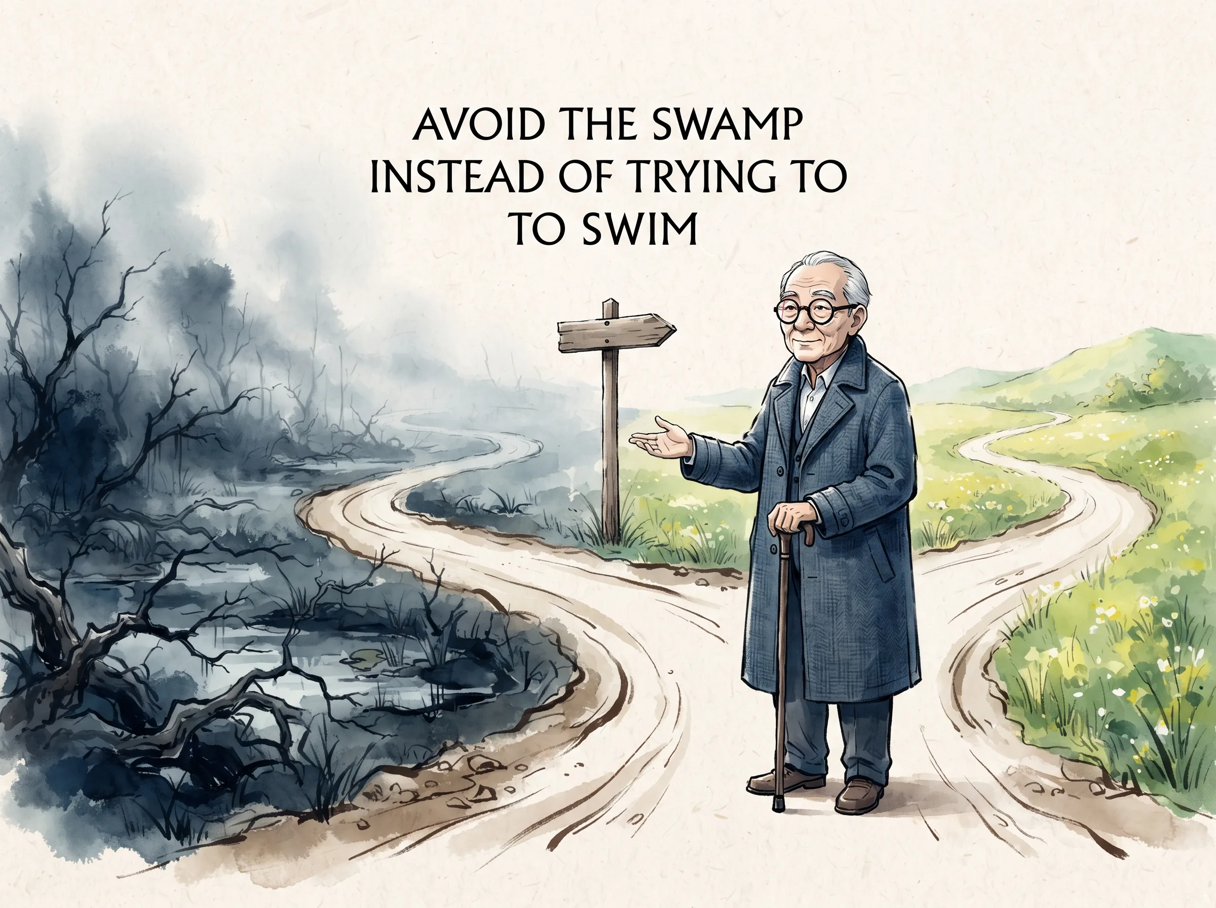 an elderly modern philosopher with thick spectacles and walking cane standing calmly at a fork in a winding road, politely gesturing away from a dark treacherous bog toward a sunlit open meadow path, deep Prussian blue marsh shadows and trenchcoat in contemporary literati Chinese ink cartoon style with Prussian blue ink wash, sage green accents, and Xuan paper negative space, illustrating avoid the swamp instead of trying to swim, embodying 芒格与孙子跨越时空的智慧共鸣：'如果我知道自己会死在哪里，我将永远不去那个地方'，行者在深渊分岔路口从容绕行 on ChiDestiny