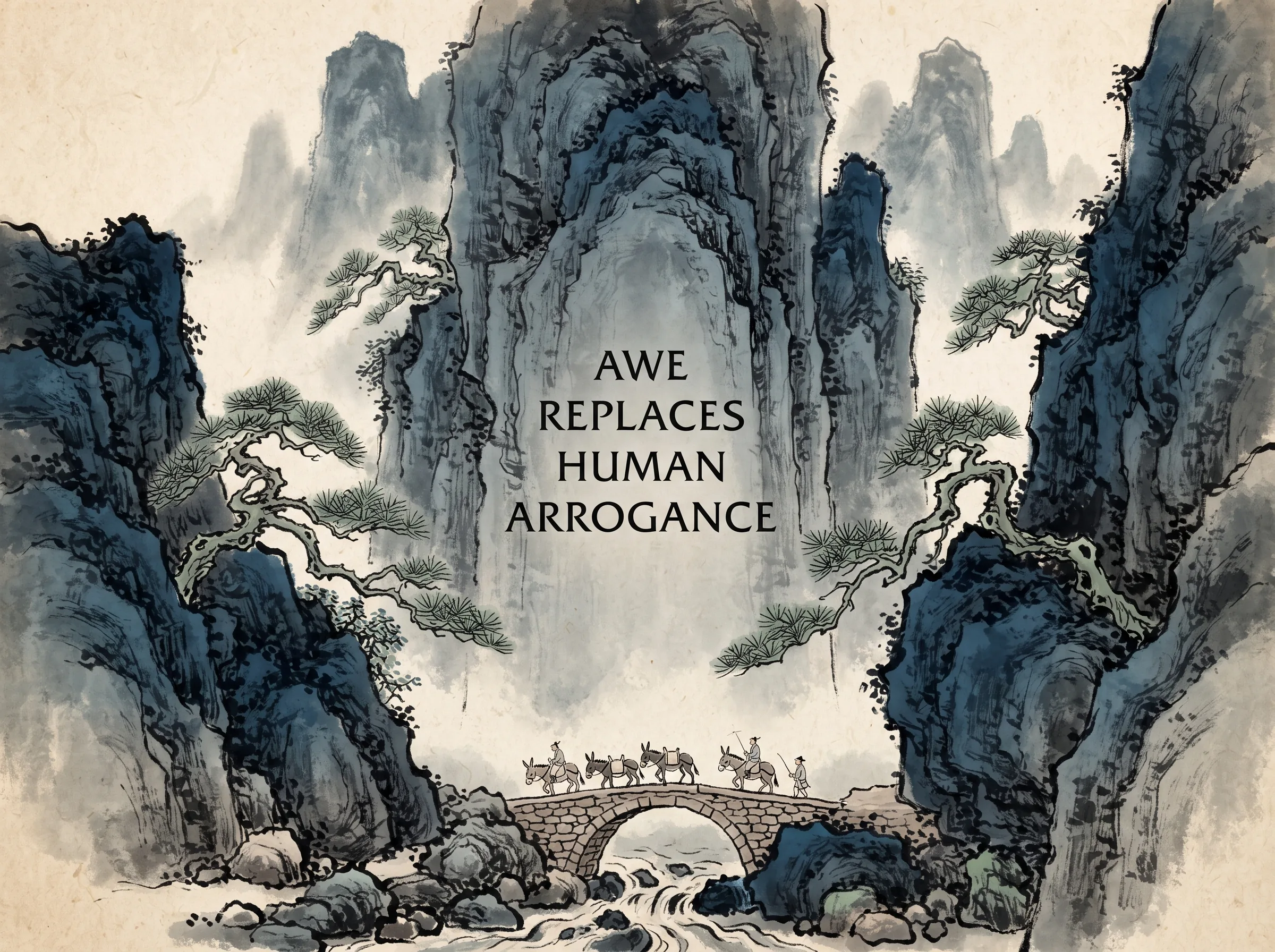 monumental homage to Fan Kuan: a stupendous, towering vertical rock cliff dominating the entire frame with thunderous grandeur, while at the very bottom hidden among pebbles a tiny mule train moves patiently across a stone bridge in contemporary literati Chinese ink wash in deep Prussian blue and sage green with ample Xuan paper negative space, illustrating awe replaces human arrogance, embodying 范宽溪山行旅图中的渺小与崇高：万仞巨石峰峦拔地而起遮天蔽日，山脚巨岩下仅有一队如蝼蚁般微小的行旅毛驴队伍，敬畏油然而生 on ChiDestiny