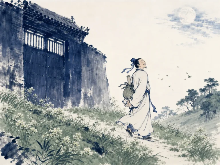 Rejected scholar turning away with a light step from a barred heavy timber gate toward a wildflower trail under moonlight in expansive joyful literati cartoon wash contrasting dark institutional timber with open moonlit wilderness, illustrating finding unexpected liberation and broader horizons when institutional doors slam shut on ChiDestiny
