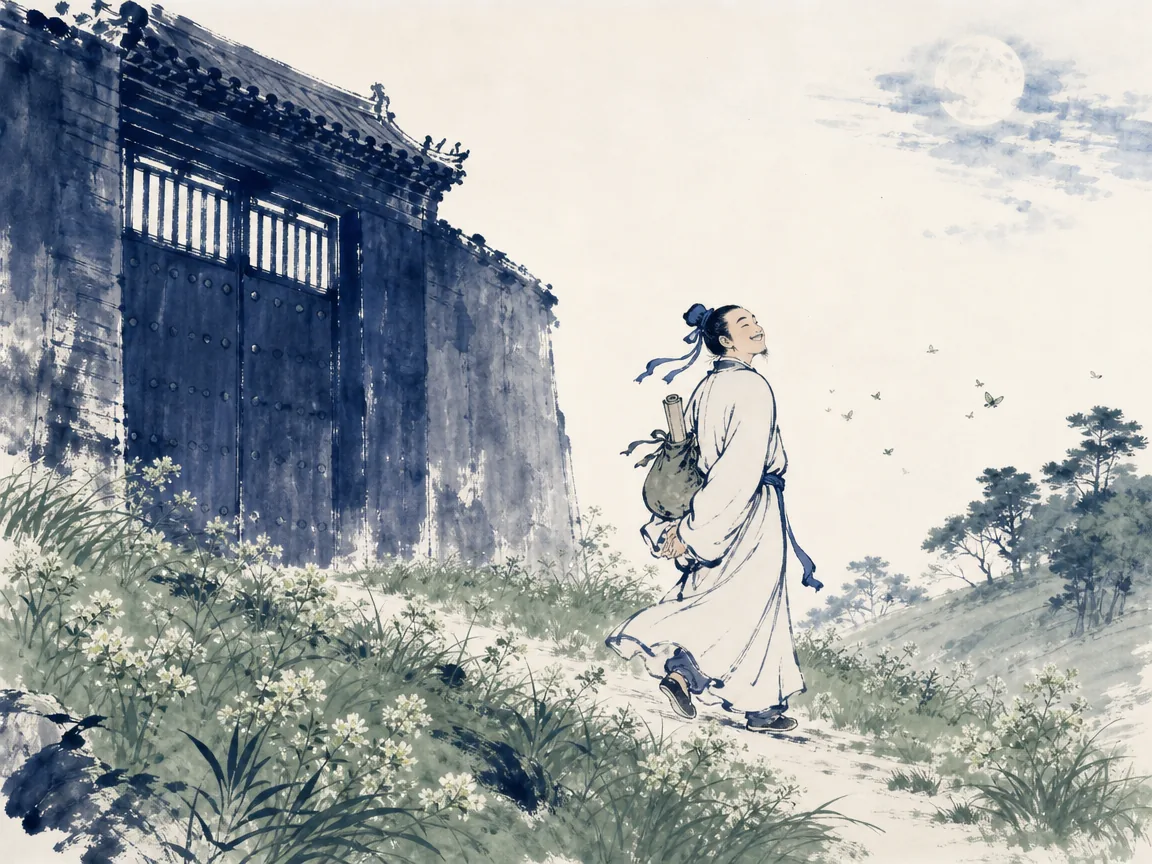 Rejected scholar turning away with a light step from a barred heavy timber gate toward a wildflower trail under moonlight in expansive joyful literati cartoon wash contrasting dark institutional timber with open moonlit wilderness, illustrating finding unexpected liberation and broader horizons when institutional doors slam shut on ChiDestiny
