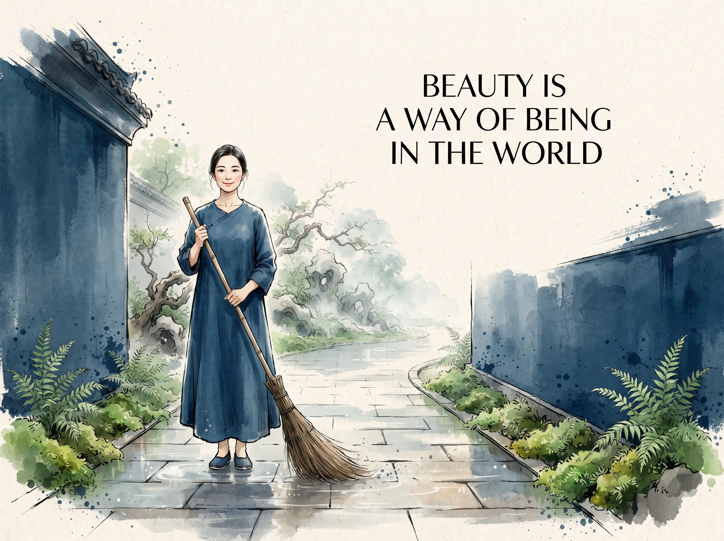 a mindful person holding a simple bamboo broom standing beside a freshly swept stone courtyard pathway where damp paving stones glisten in morning mist, calm clarity in their stance, deep Prussian blue courtyard walls and dawn shadows in contemporary literati Chinese ink wash in deep Prussian blue and sage green with ample Xuan paper negative space, illustrating beauty is a way of being in the world, embodying 美不是外在涂抹的脂粉装点，而是对日常生活的真诚对待：清晨扫除庭院落叶，摆放一方洗净的木案，在条理分明中体会生活的尊严 on ChiDestiny